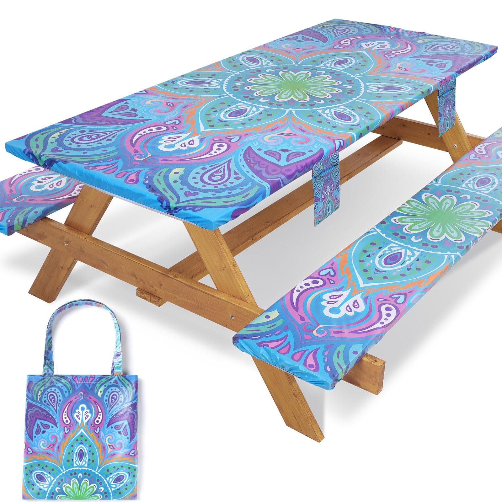 Jobunai Picnic Table Cover with Bench Covers Fitted Waterproof Camping Tablecloth with Elastic for 6 Foot Rectangle Tables Outdoor Travel Rv Essentials Summer Vacation Accessories Gifts for Men Women