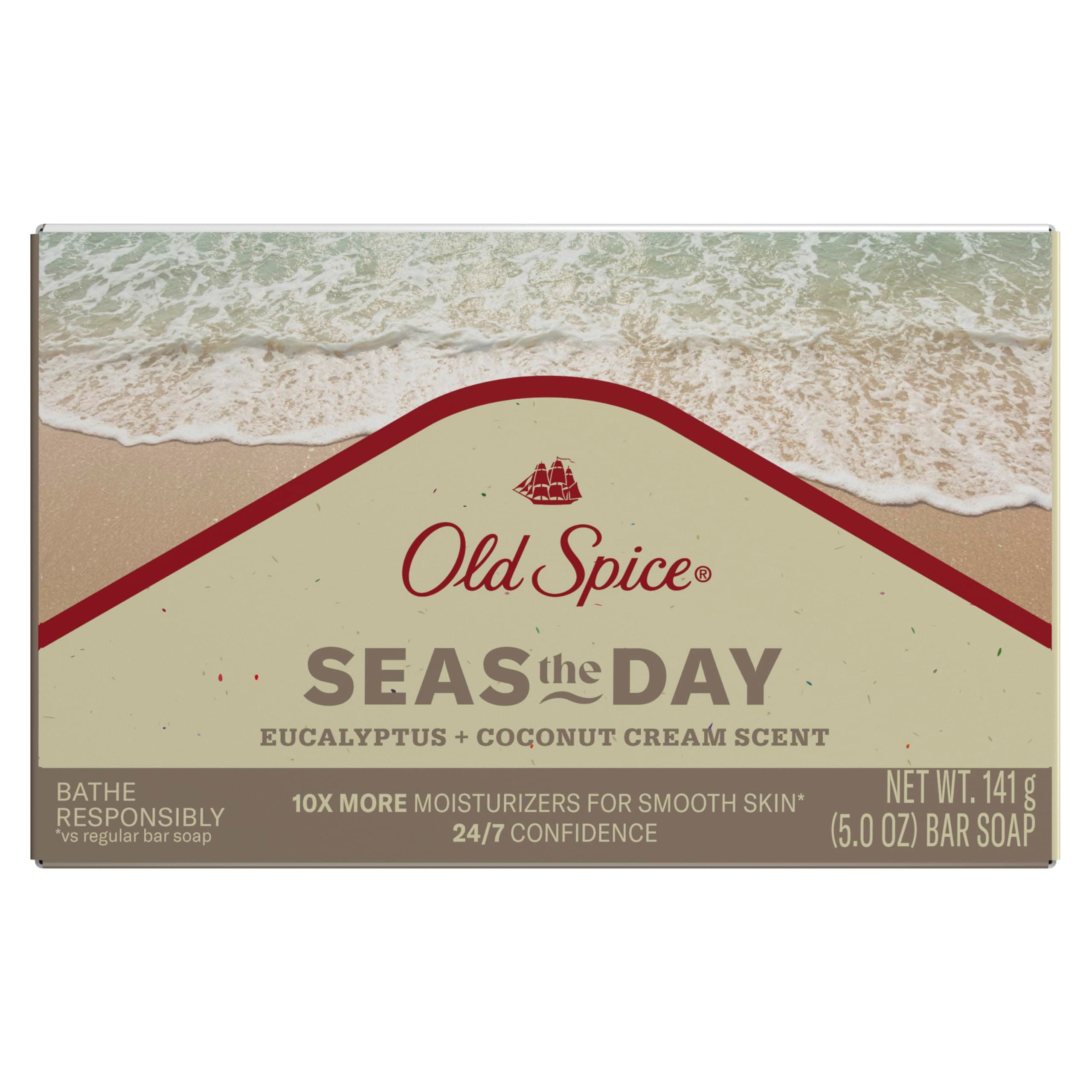 Men's Bar Soap, Seas The Day Eucalyptus and Coconut Cream Scent, 10x More Moisturizers for Smooth Skin with Mild Exfoliators & Plant Based Cleansers, 5.0 oz