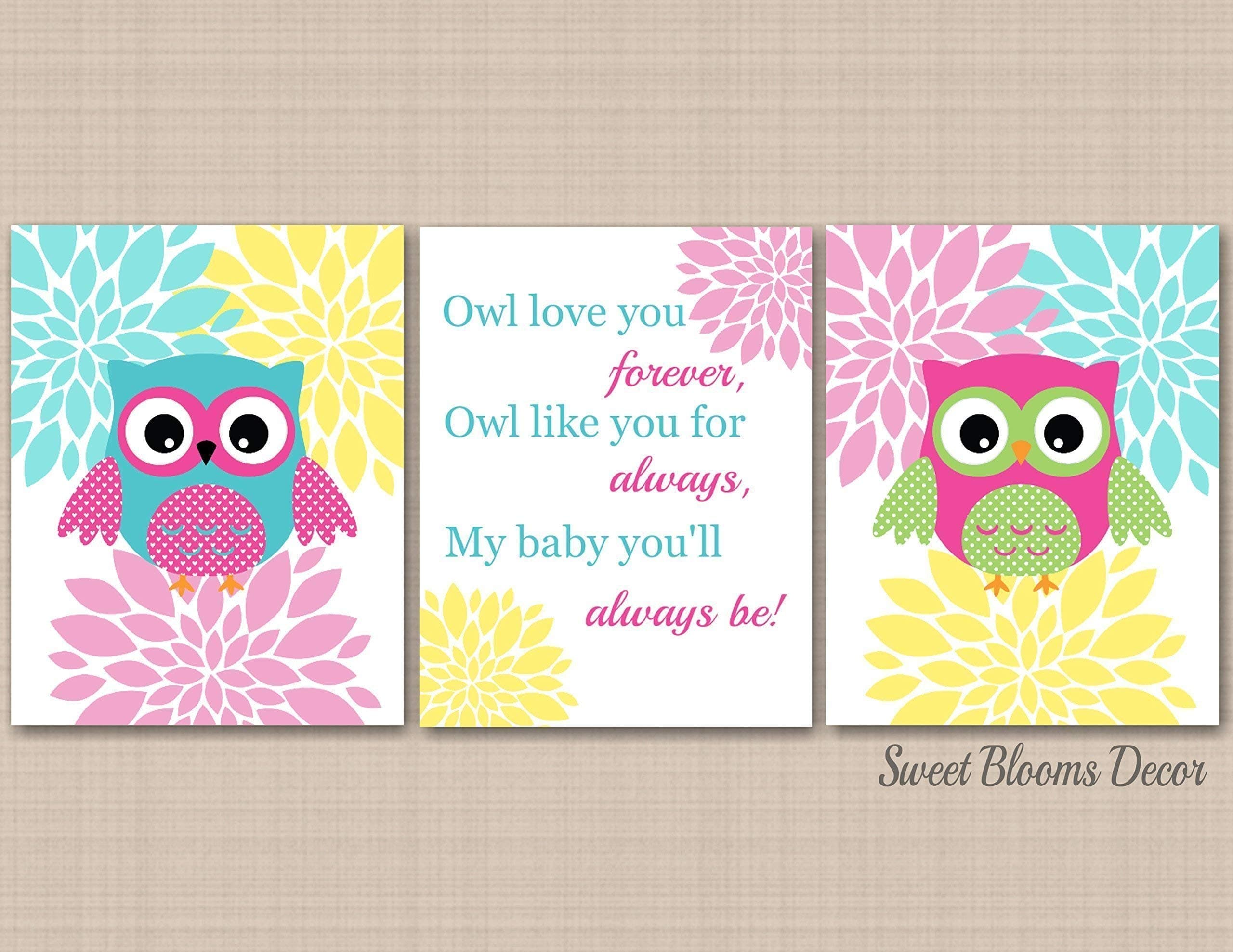 Owl Nursery Wall Art,Pink Aqua Yellow Nursery,Owl Nursery Decor,Floral Nursery Décor,Green Pink Aqua Bedroon,Floral Owl Nursery-UNFRAMED Set of 3 PRINTS(NOT CANVAS) C350
