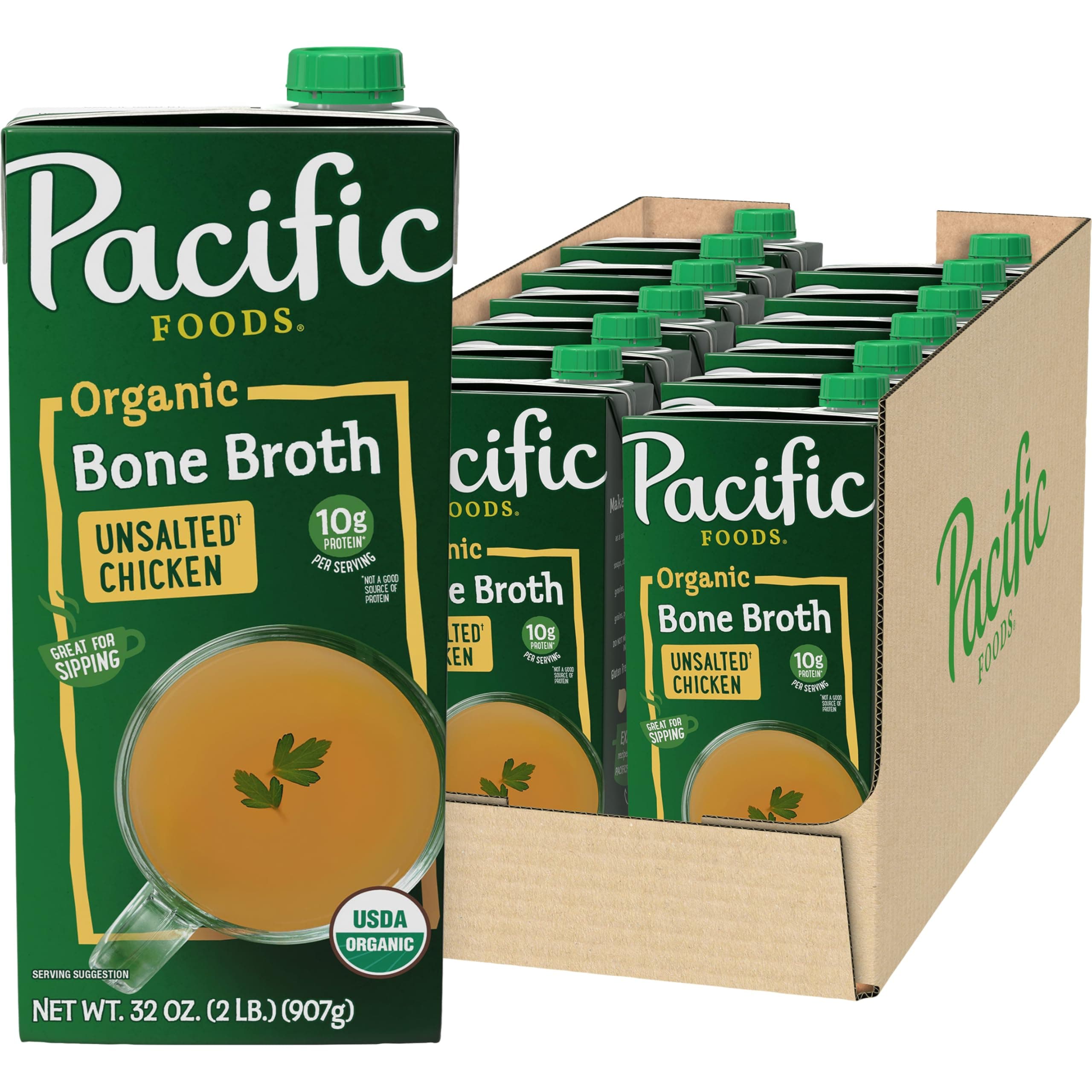 Pacific Foods Organic Unsalted Chicken Bone Broth, 32 oz Carton (Pack of 12)