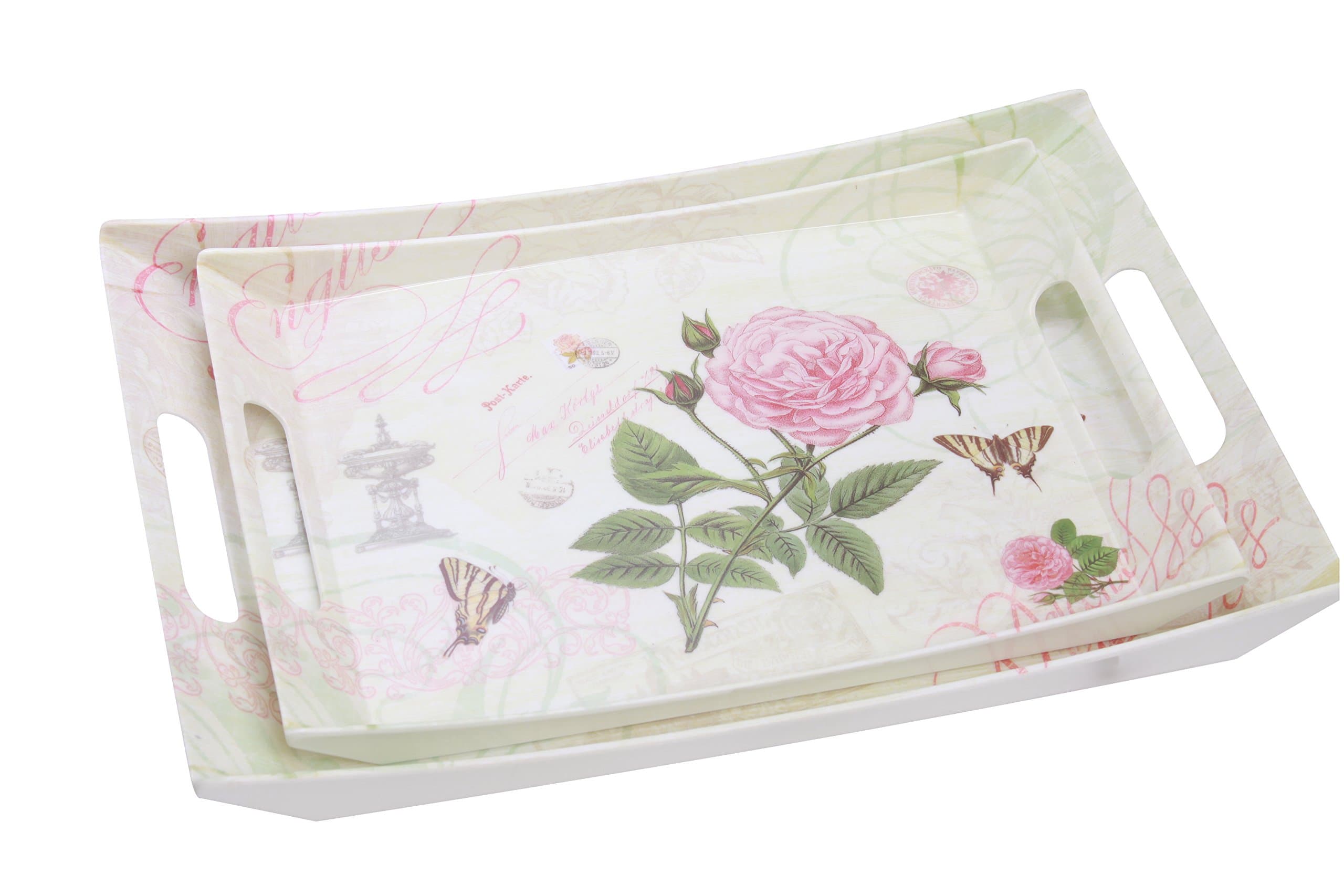 Shall Housewares International 2 Piece Melamine Rose Double Handle Tray Set, Multicolored