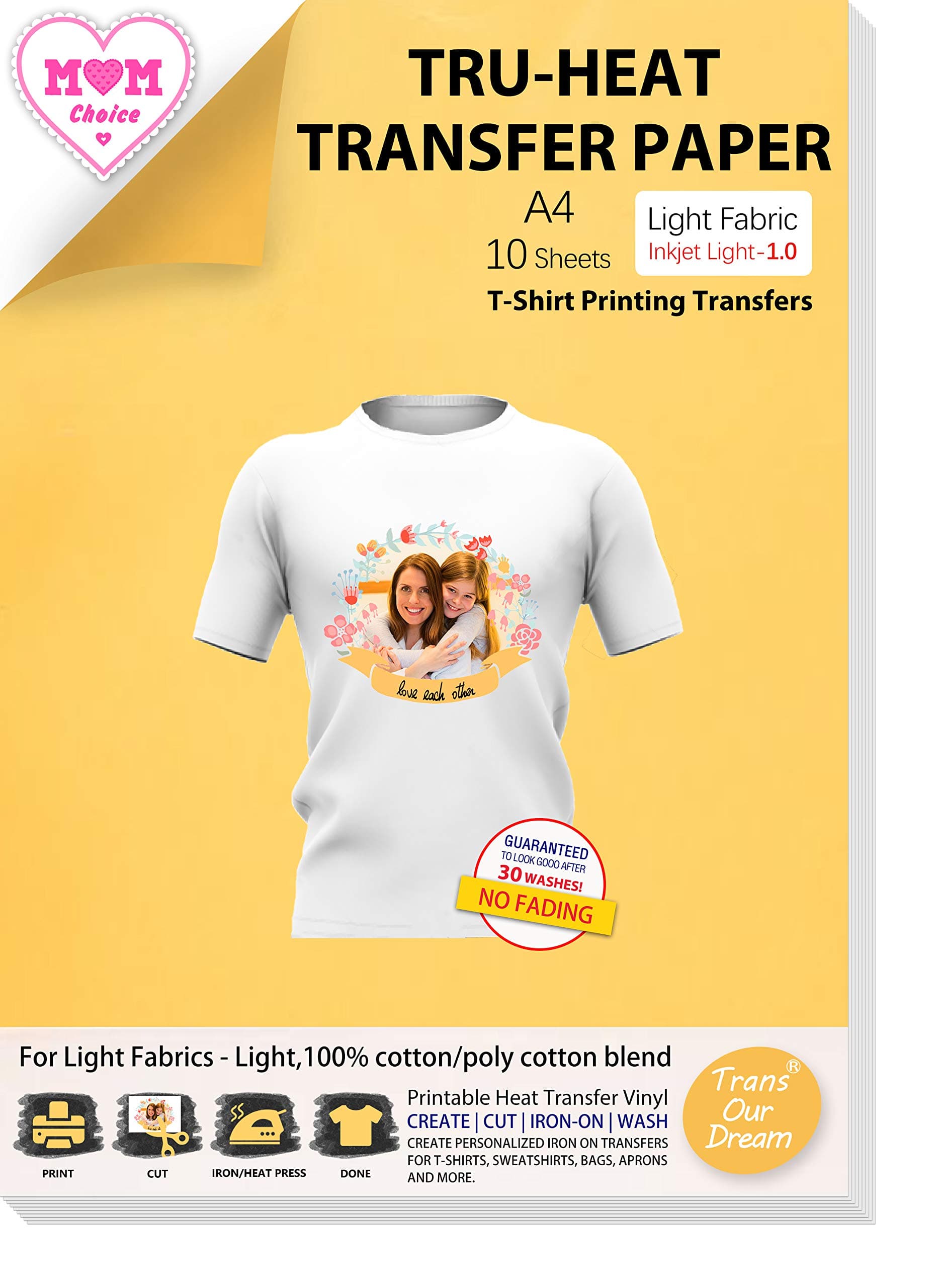 TransOurDream Tru-Iron on Heat Transfer Paper for Light Fabric (10 Sheets, A4) Iron-on Transfers Paper for White and Light T-Shirts Printable Heat Transfer Vinyl for Inkjet Printer (ARAB-1-10)