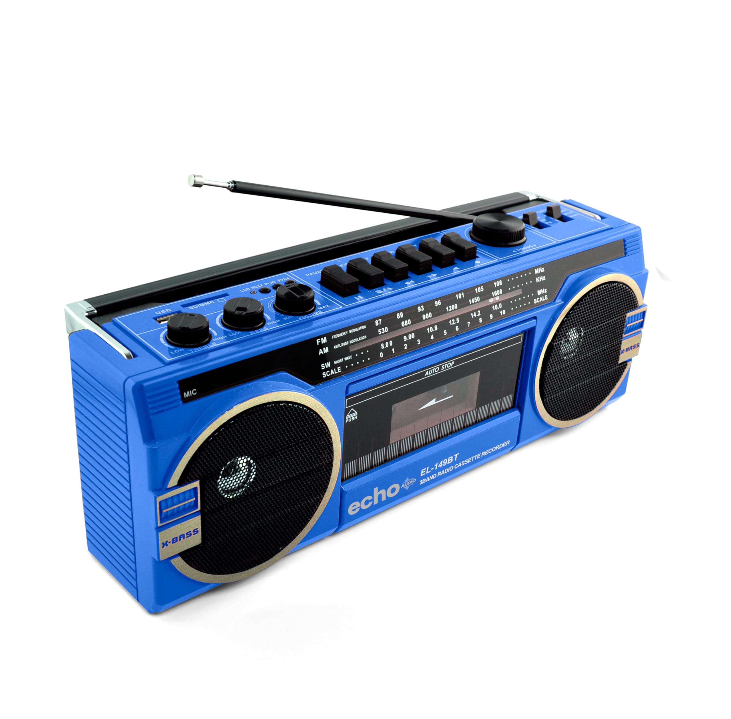 Retro Blast Bluetooth Boombox, Portable Cassette/Tape Player, AM/FM/SW 3 Band Radio, Two 8 W X-Bass Speakers, Voice Recorder, Headphone Jack, Supports USB and SD Cards (Blue)