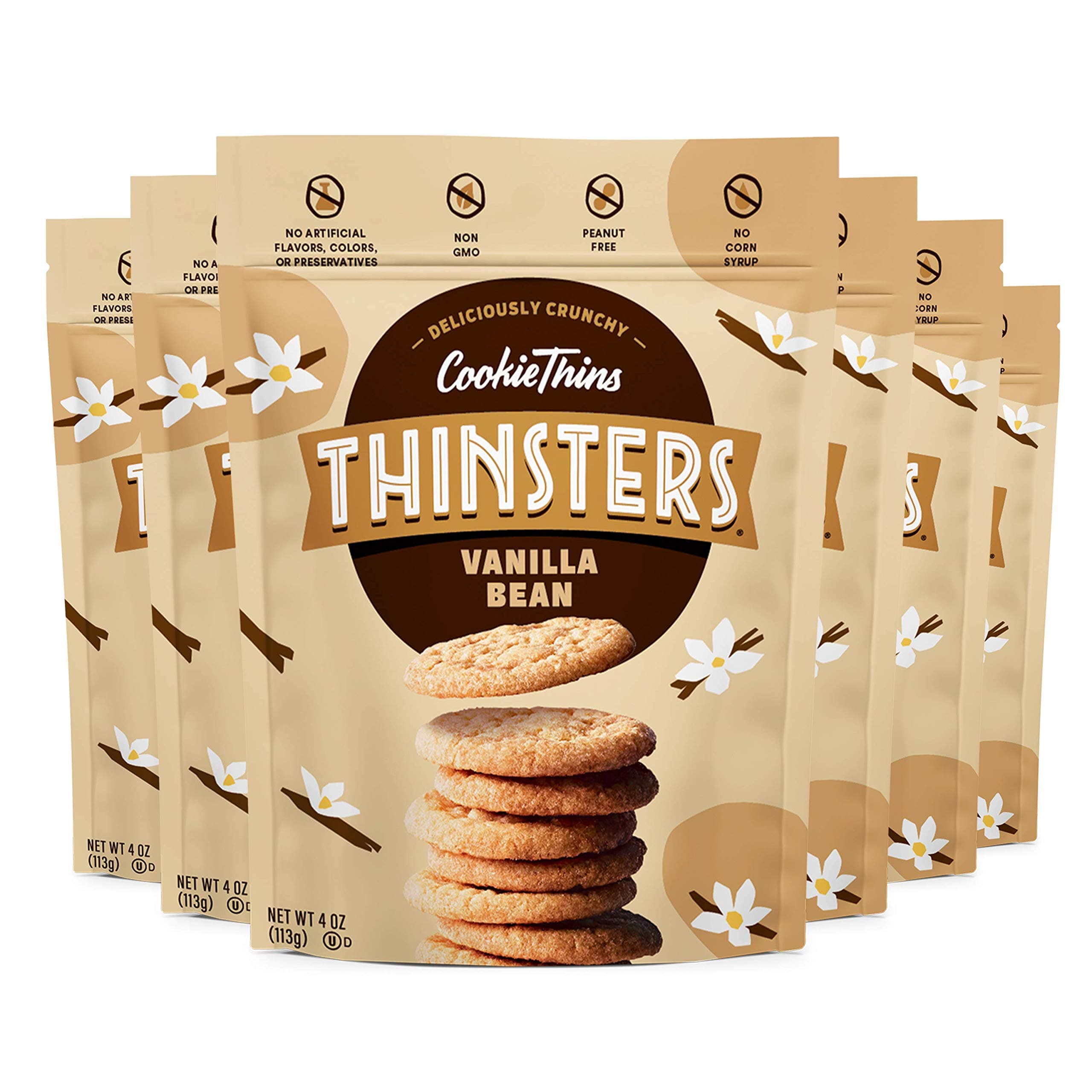 ThinstersCookie Thins Cookies, Vanilla Bean, 4oz (Pack Of 6), Non-GMO, Peanut Free, No Corn Syrup, Crunchy Cookies, No Artificial Flavors, Colors, or Preservatives
