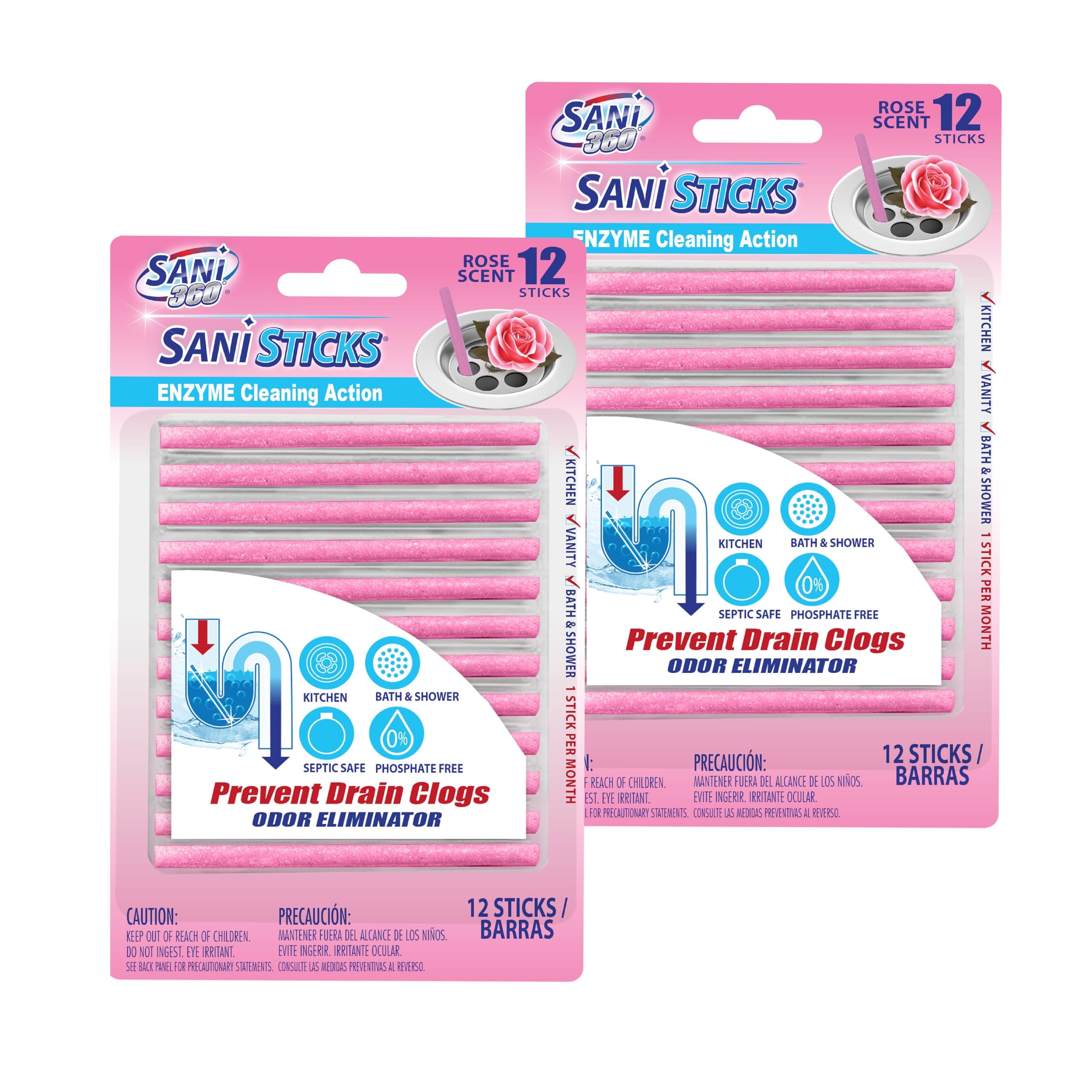 SANI 360° Sani Sticks Drain Cleaner and Deodorizer, Enzyme Pipe Cleaners, Eliminate Odors, Prevent Clogged Drains, Safe for Sinks, Bathtub Drains, Septic Tanks, 24 Count, Rose Scent