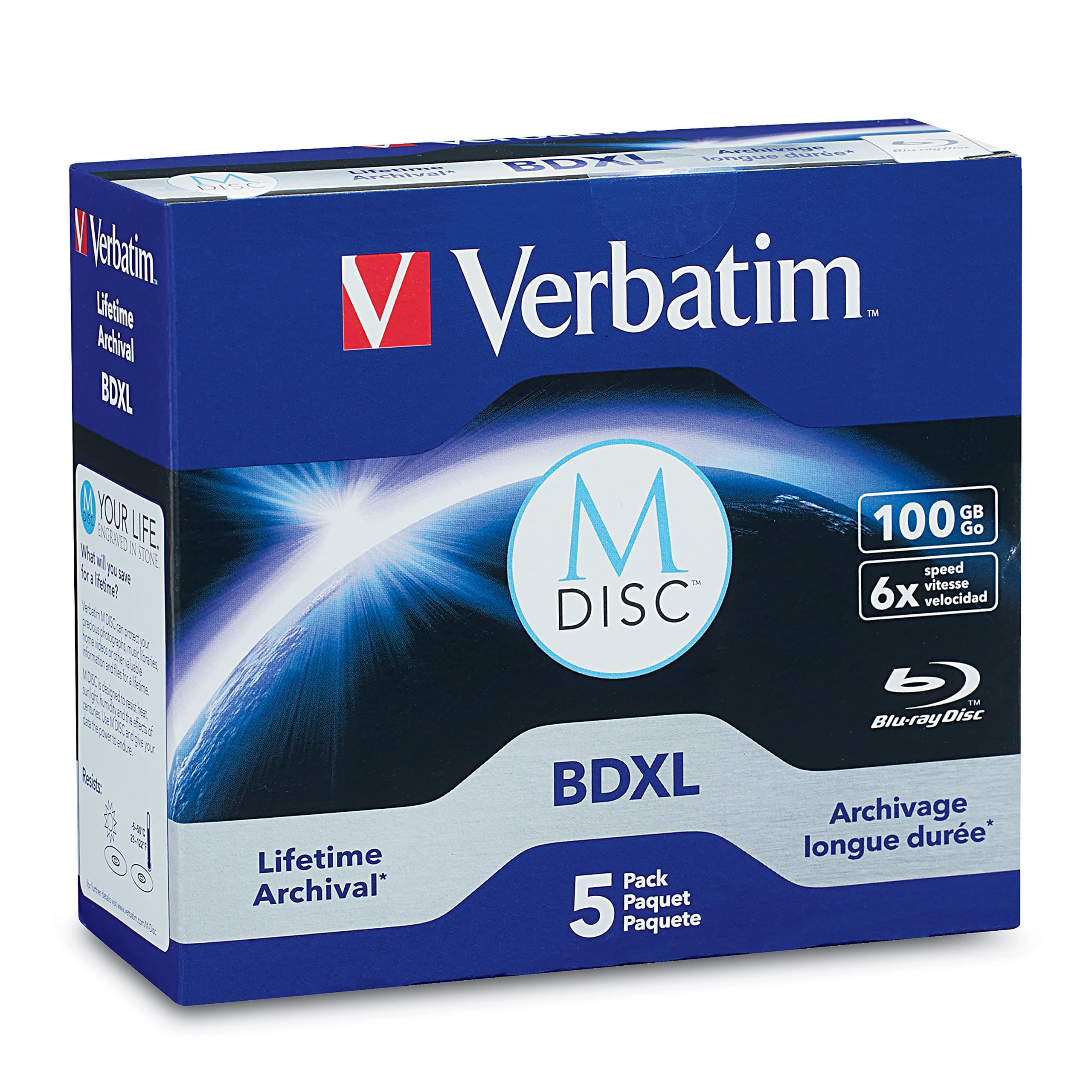 Verbatim M DISC BDXL 100GB 6X with Branded Surface Blank Blu-Ray Recordable Media – 5pk Jewel Case Box,Blue