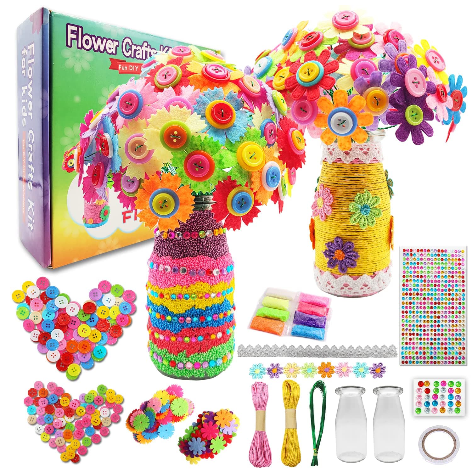 7july Crafts for Girls Ages 6-10 Make Your Own Flower Bouquet with Buttons and Felt Flowers, Vase Art and Craft for Children - DIY Activity Christmas Birthday Gift for Girls Age 6 7 8 9 10 Year Old
