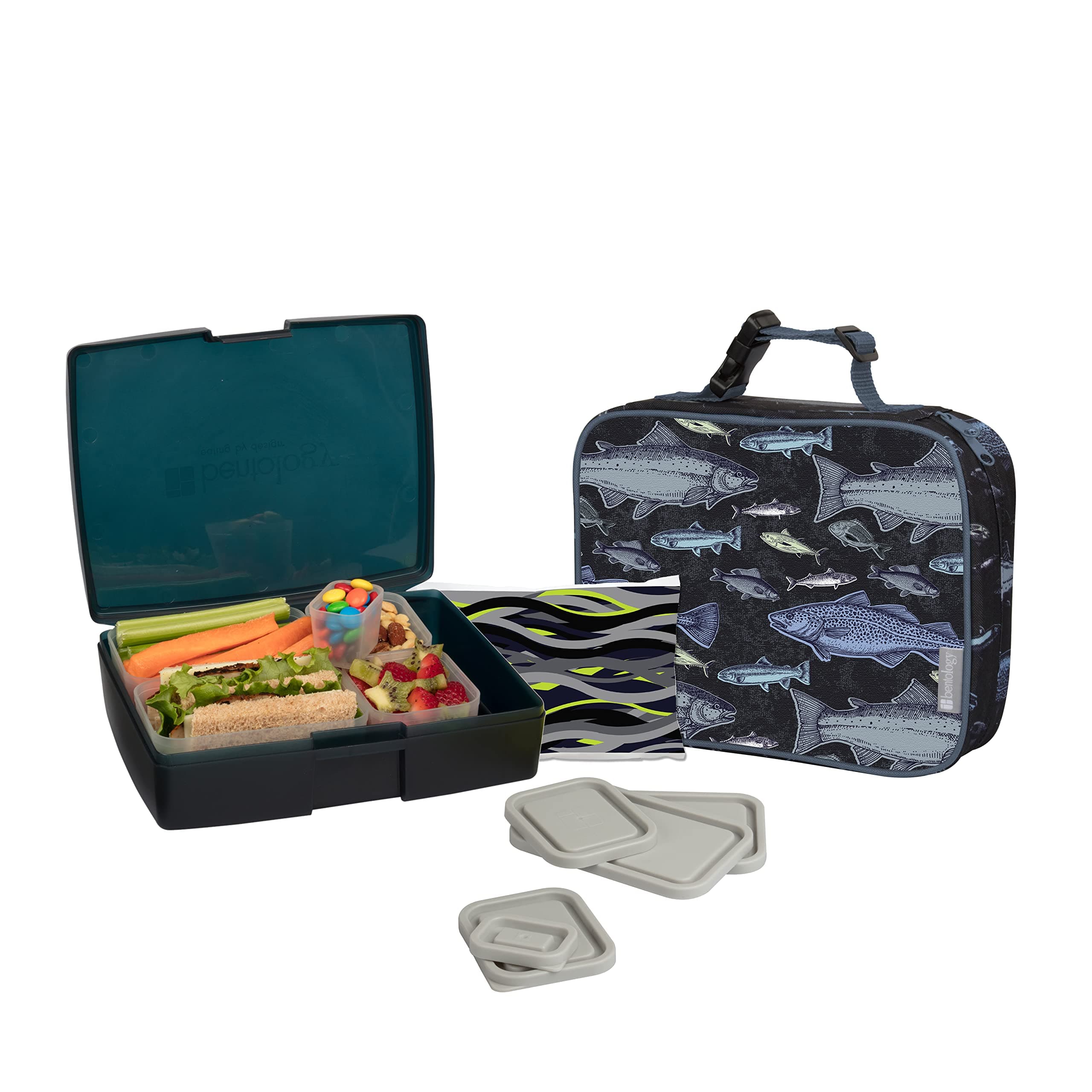 BentologyLunch Bag and Box Set for Kids - Boys Insulated Lunchbox Tote, Bento Box, 5 Containers and Ice Pack - 9 Pieces - Fish
