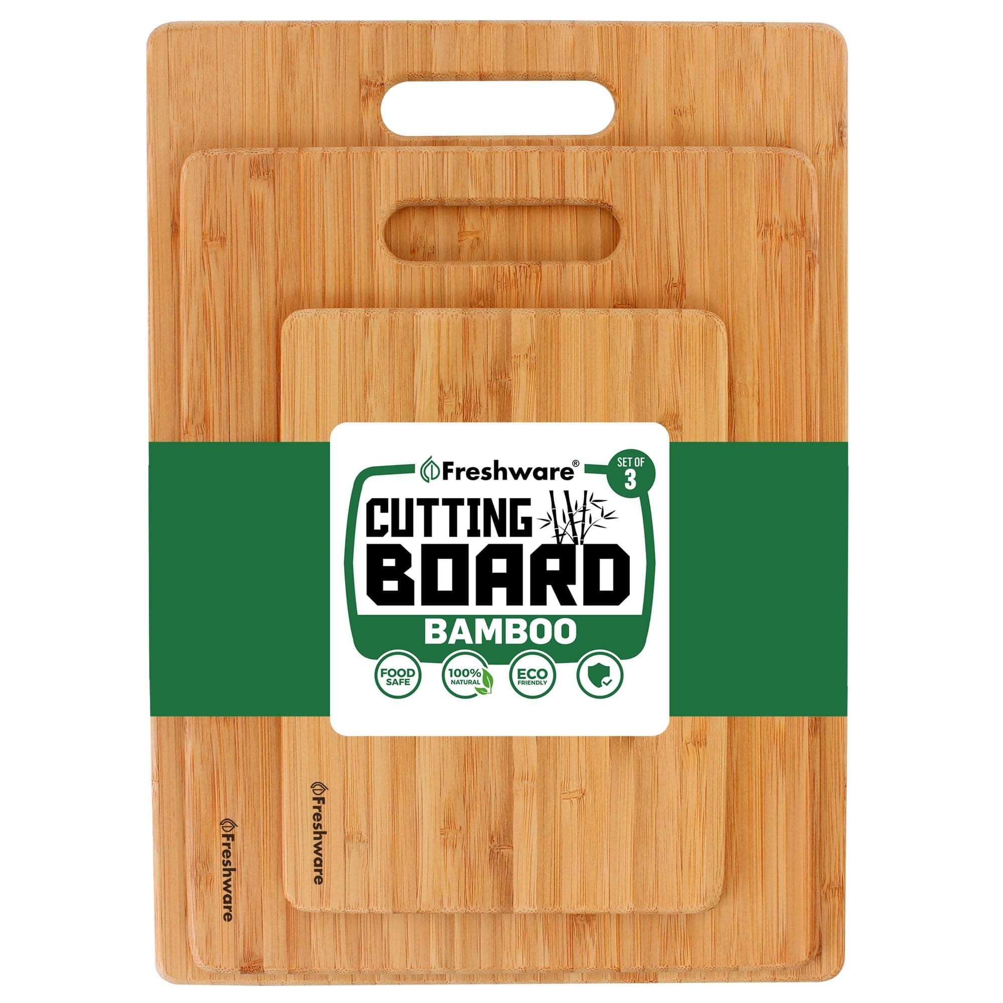 Freshware Bamboo Cutting Boards for Kitchen [Set of 3] Wood Cutting Board for Chopping Meat, Vegetables, Fruits, Cheese, Knife Friendly Serving Tray with Handles