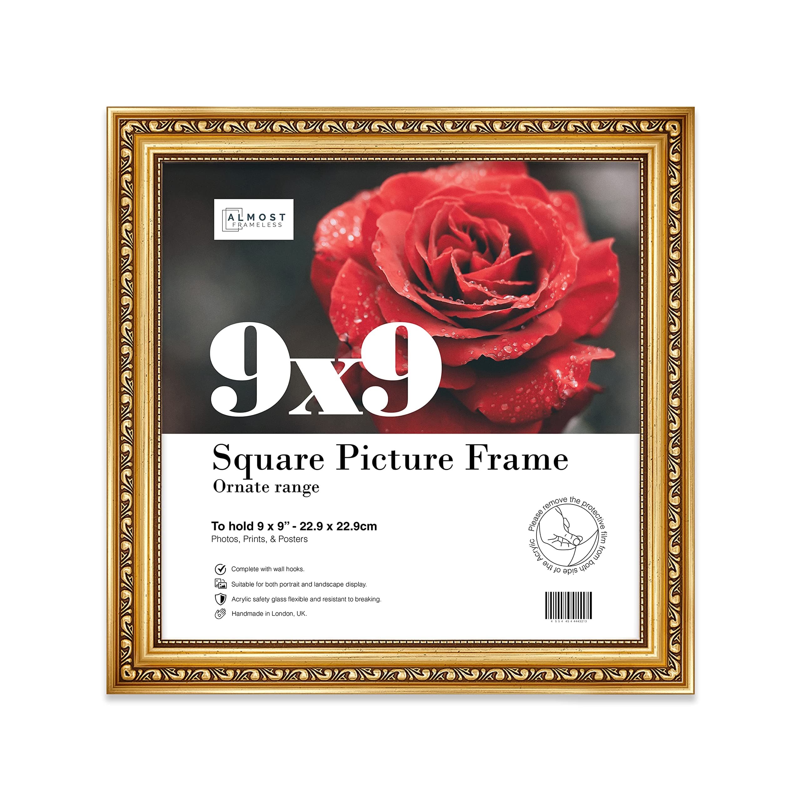 Almost Frameless 9x9 Gold Ornate Picture Frame 9"x9" (22.9x22.9cm) Poster, Photo, Artwork, or Print. Opulent Style Portrait and Landscape Display with Wall Hooks
