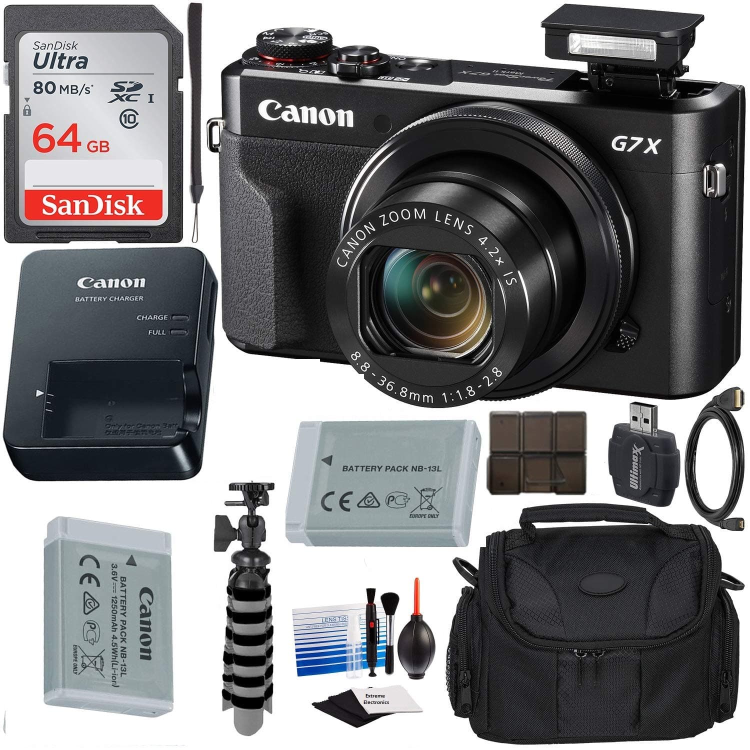 Canon PowerShot G7 X Mark II Digital Camera (Black) with Extreme Electronics Bundle - Includes: 64GB SDXC Memory Card, 1x Replacement Battery, Carrying Case & More