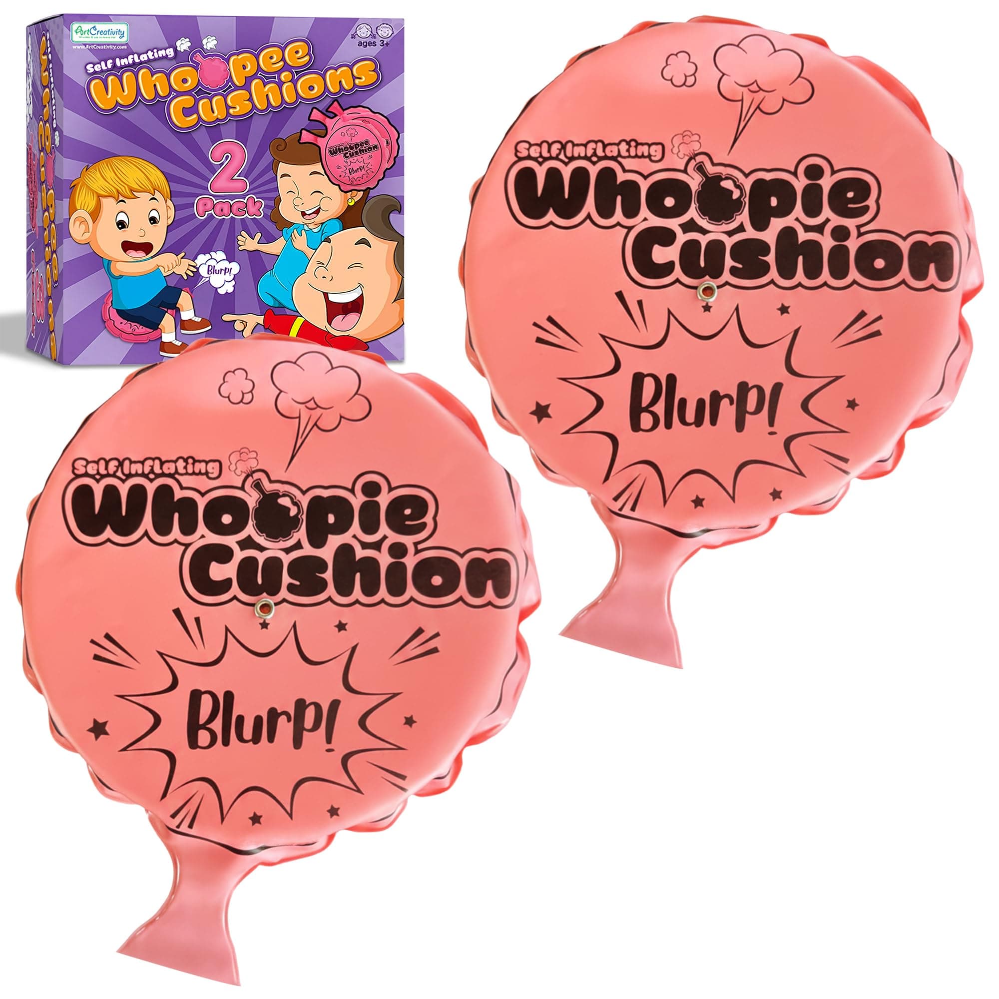 ArtCreativity Self Inflating Whoopie Cushion, 2 Pack, 7 Inch Whoopee Cushions Goodie Bag Stuffers, Classic Prank Toys for Boys and Girls, Party Favors and Gag Gifts for Kids, Whoopie Makes Gas Sounds