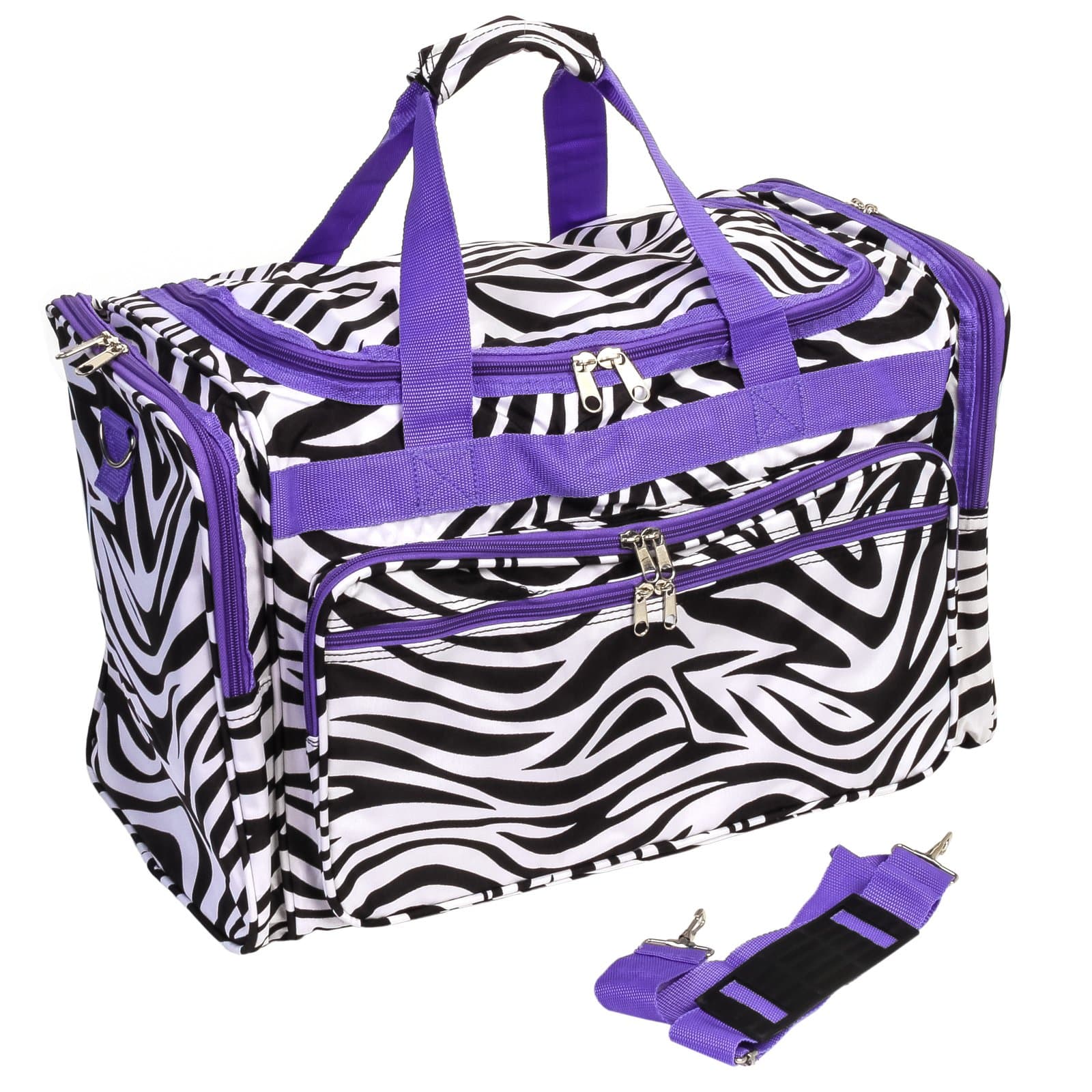 World Traveler 22-inch Zebra Print Duffle Bag, Black and White with Purple Trim