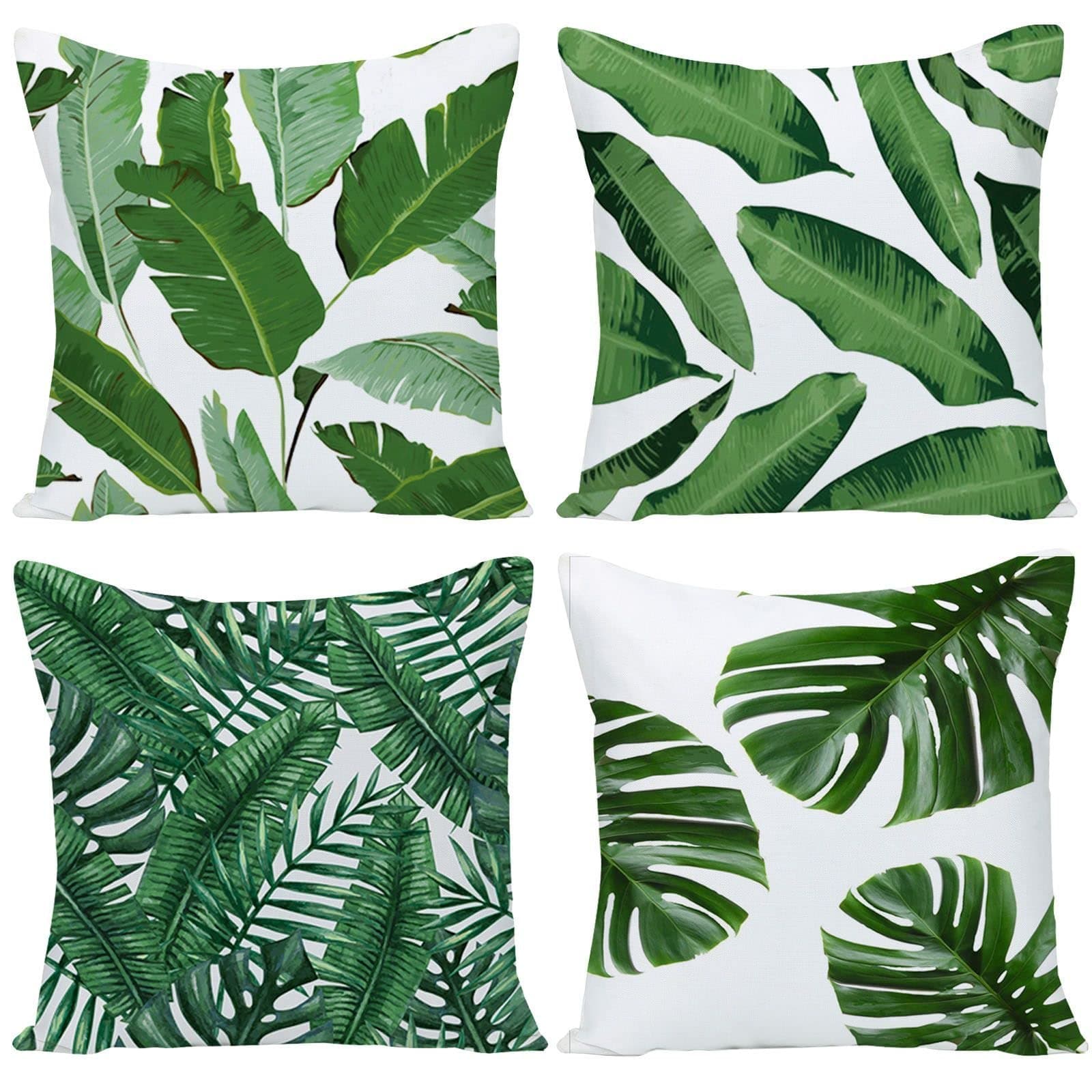 Pack of 4 Green Tropical Leaves Throw Pillow Cover Summer Palm Tree Leaf Outdoor Decorative Linen Square Cushion Cover with Hidden Zipper for Sofa Bed Couch Car Living Room Decor 18x18 Inch