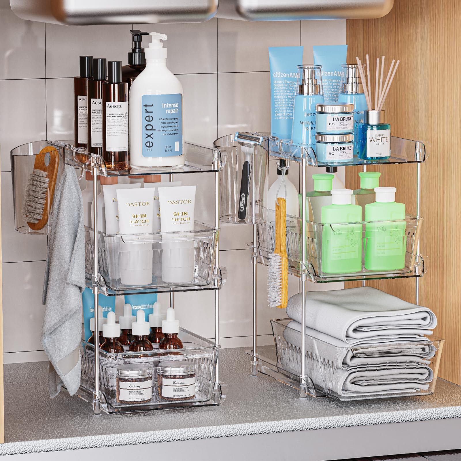 2 Sets of 3-Tier Bathroom Under Sink Organizers and Storage, Multi-Purpose Stackable Kitchen Pantry Organization, Clean Pull-Out Medicine Cabinet Organizer with 2 Cups and 12 Dividers