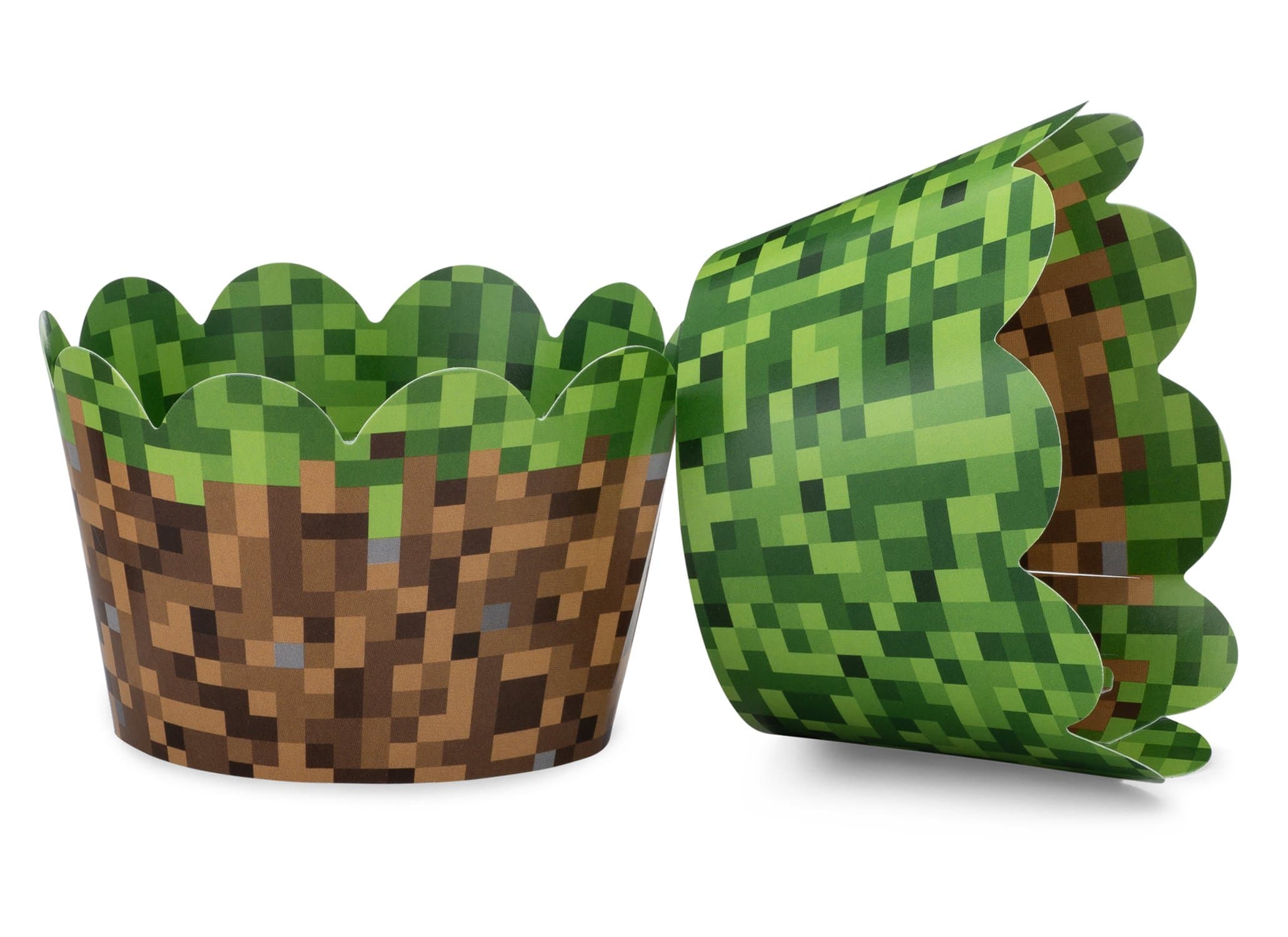 Pixel Grass Themed Cupcake Wrappers for Boys Birthday Parties, Vintage 8-Bit Birthday Party. Set of 24 Reversible Engineer builder Grass and Green Pixel Cup Cake Holder Wraps. Green, Brown