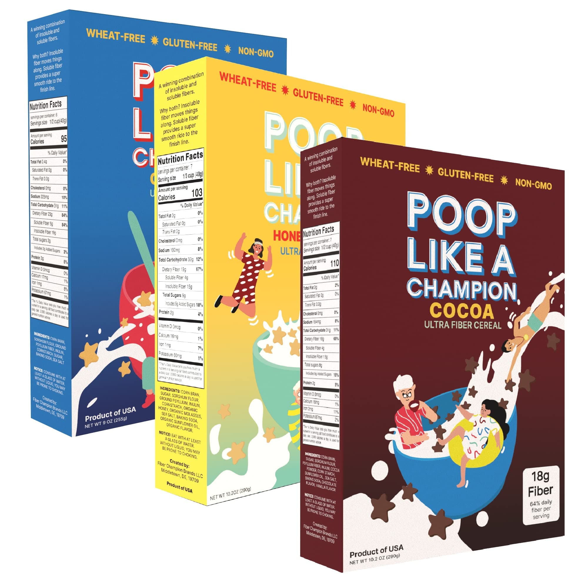Poop Like A Champion Ultra Fiber Cereal Trio: Cocoa + Honey + Original