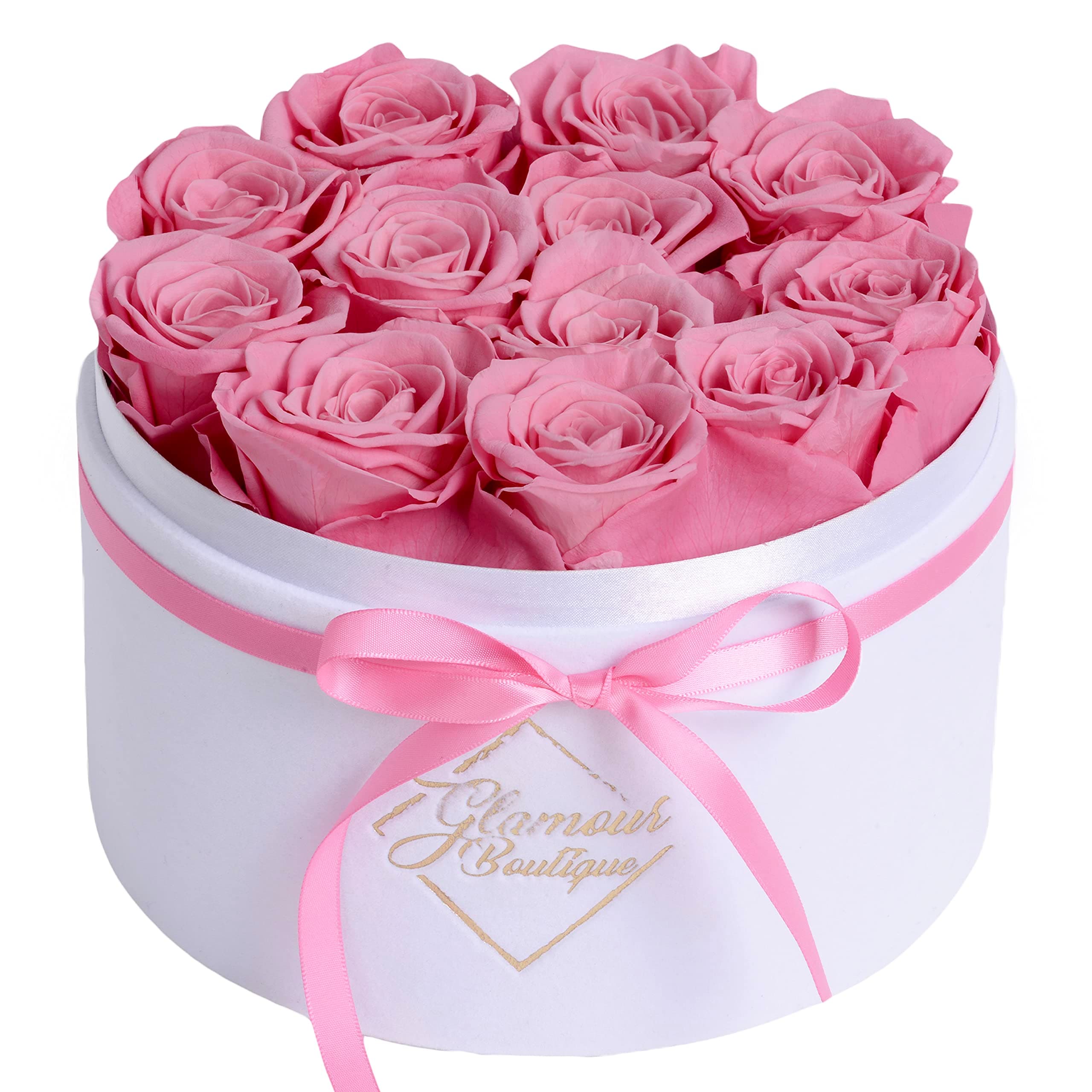 - GLAMOUR BOUTIQUE Flower Forever Gift Box, 12 Real Preserved Roses in Round Velvet White Box, Handmade Floral Gift with Rose Petals for Birthday, Anniversary or Graduation, Pink (Color-Treated)