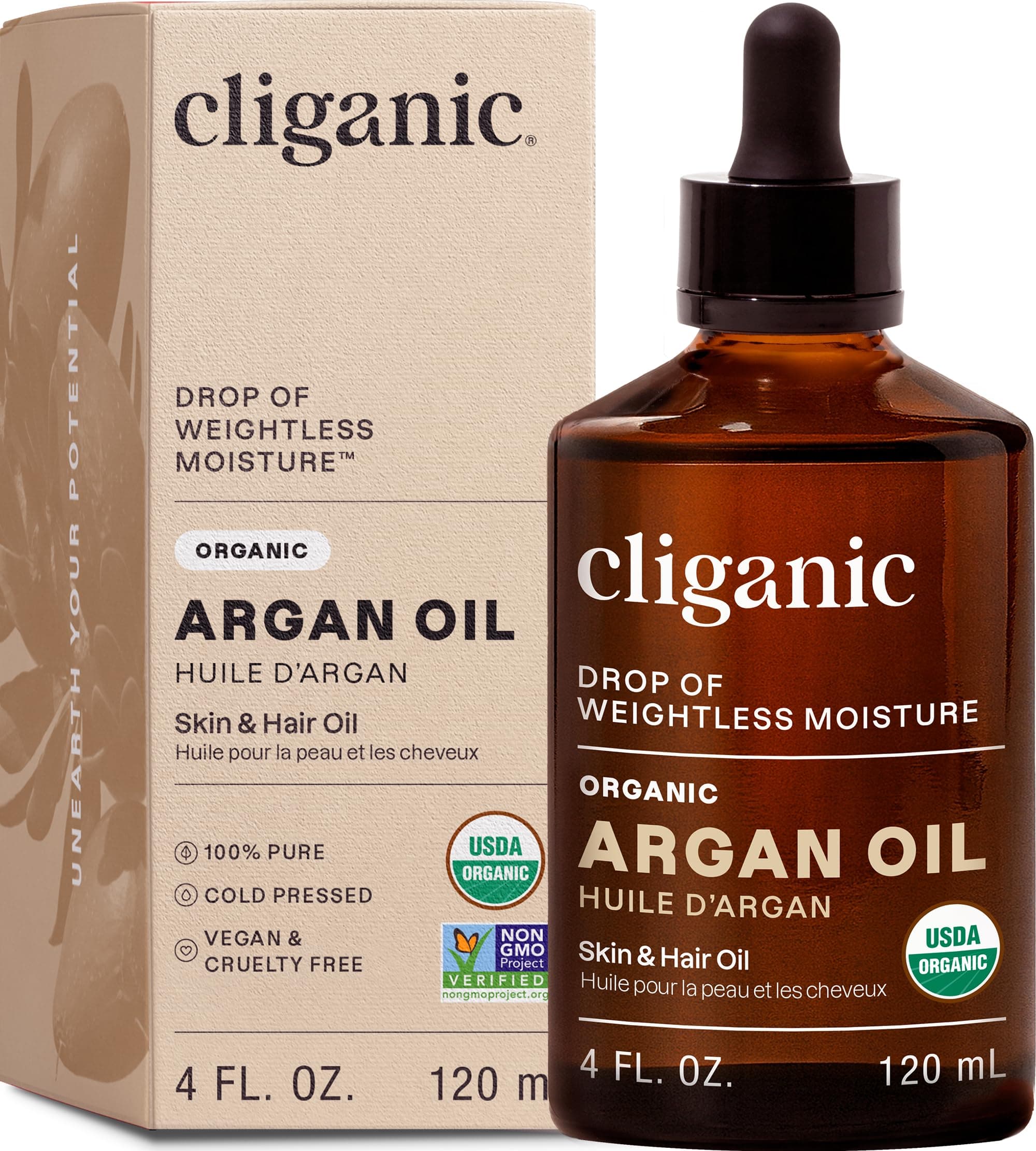 Cliganic Organic Argan Oil, 100% Pure | for Hair, Face & Skin | Natural Cold Pressed Carrier Oil, Imported from Morocco