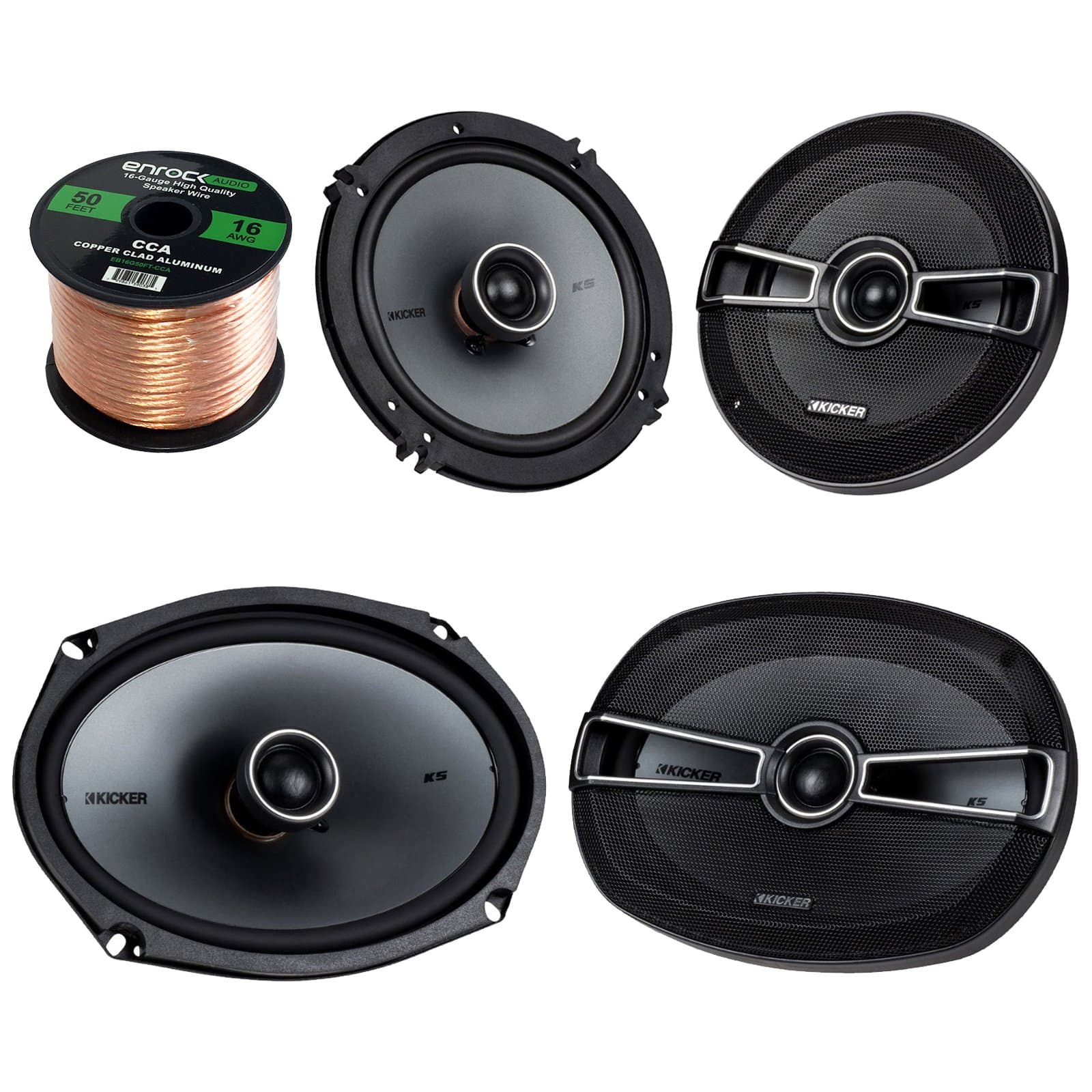 Car Speaker Set Bundle Combo with 2 Kicker 41KSC694 6x9 Car Speaker System + 2 Kicker 41KSC654 6.5 inch 2-Way Vehicle Stereo Speakers + Enrock 50 Foot Speaker Wire