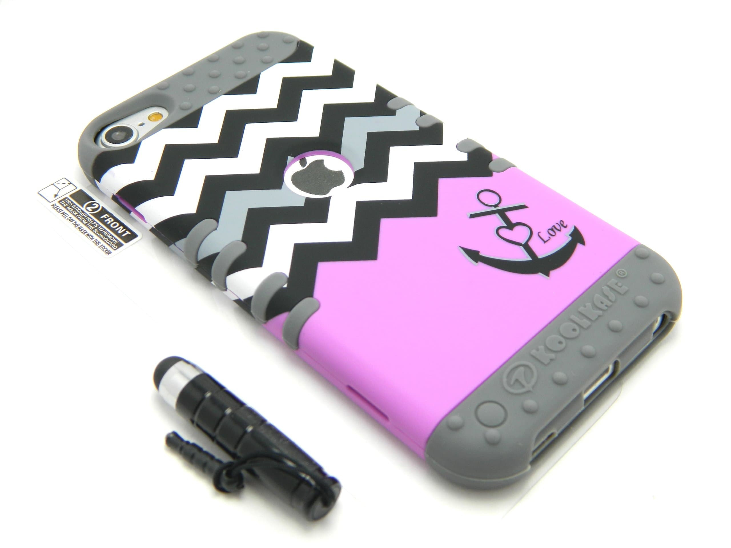 New 3-piece Impact Hybrid Combo Hard Case Cover For iPod Touch 5th Generation Chevron Stripes Soft Skin With Screen Guard and Stylus Pen (Purple Anchor/Gray)