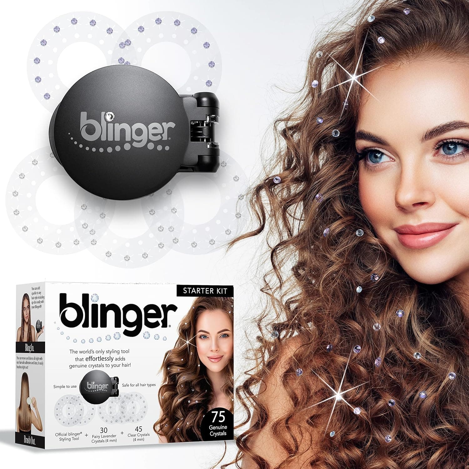 blingerStarter Kit | Women's Hair Styling Tool + 75 Precision-Cut Glass Crystals | Bling Hair in Seconds! Bedazzling Multi-Faceted Gems | Hair-Safe – Bling In Brush Out | By Blinger Kids Inventor