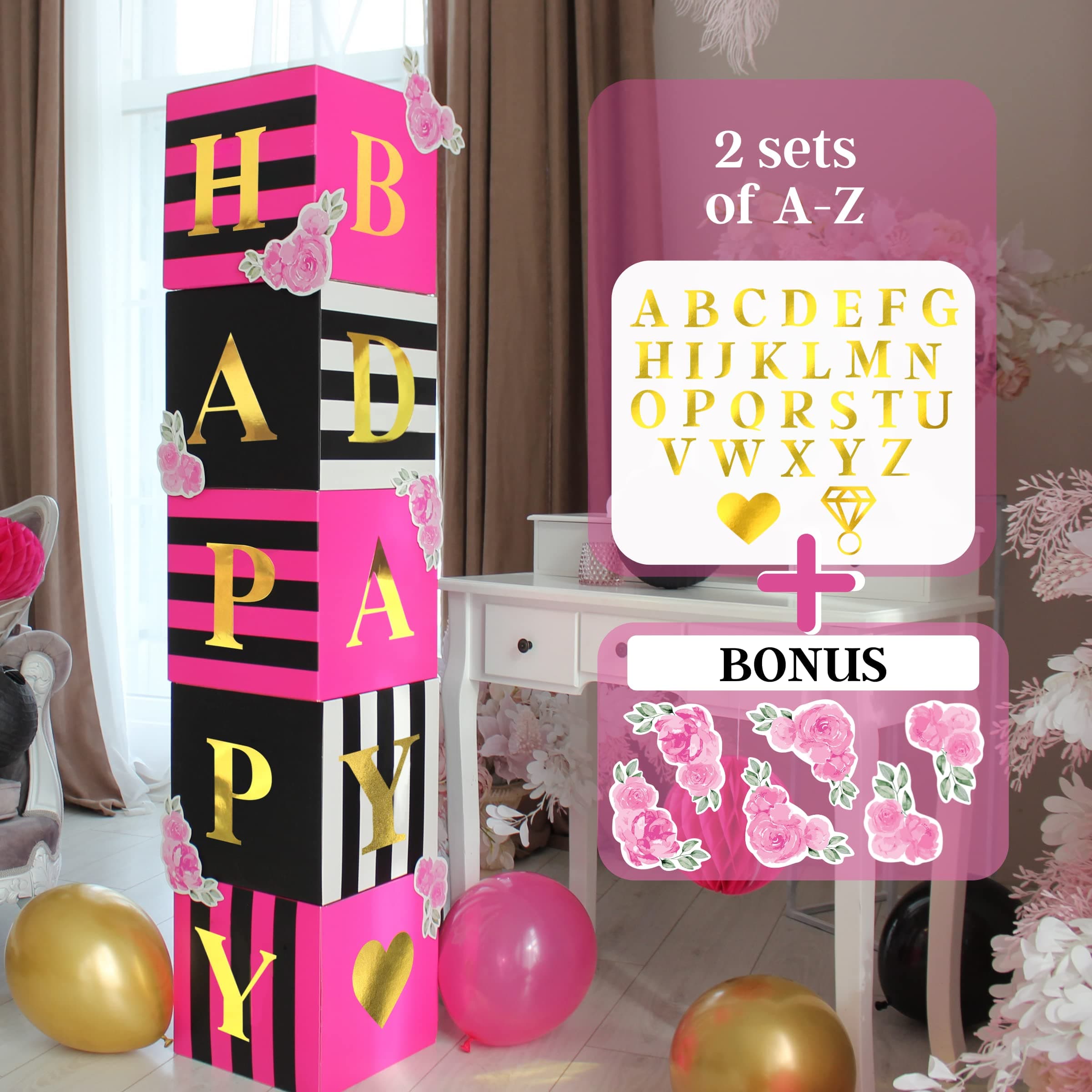 Hot Pink Party Decorations for Birthday, Bachelorette, Bridal or Baby Shower - 5 Boxes Blocks, 52 PC Letters for Custom NAME and 6 Flower Cutouts. Pink Rose Black White - Kate Spade Inspired
