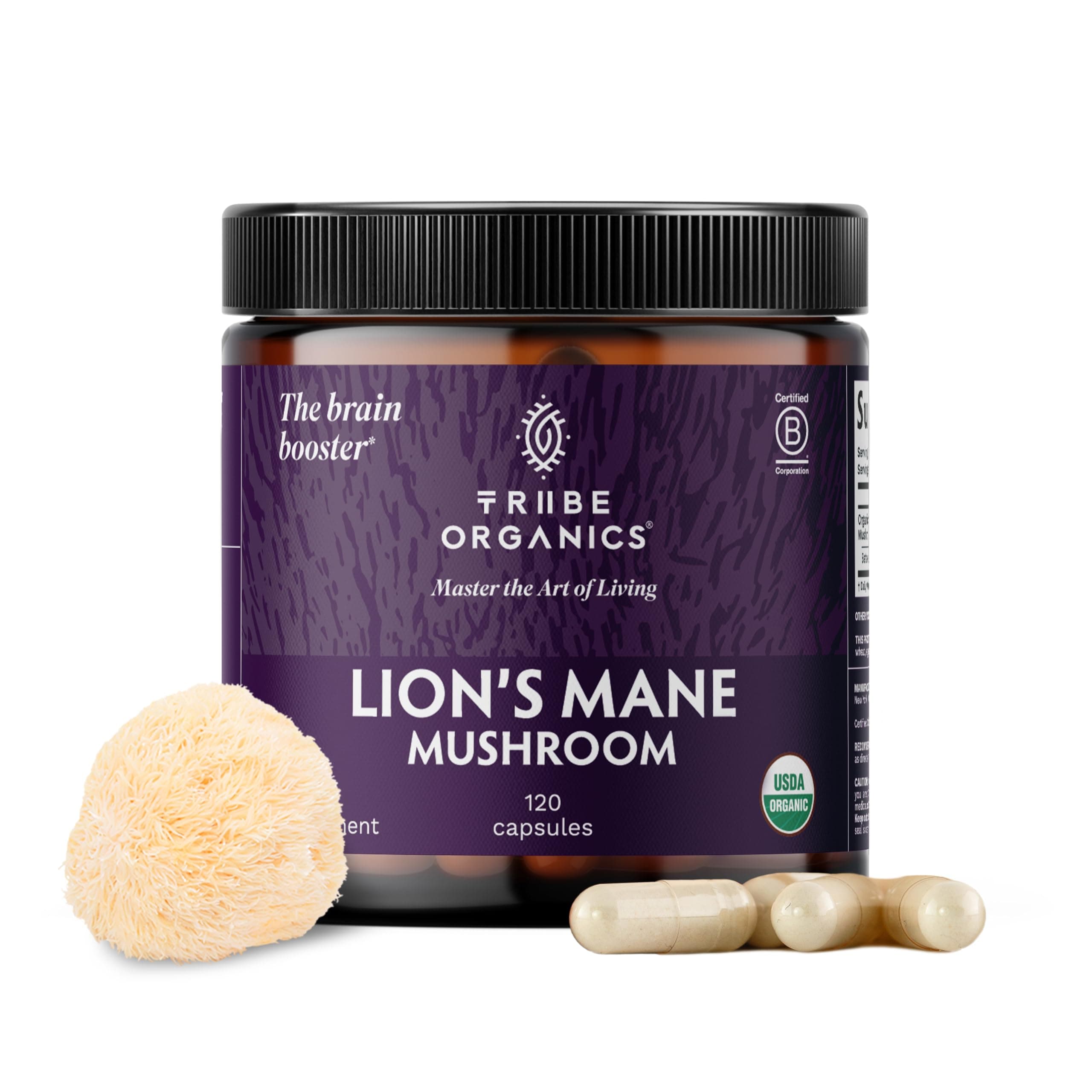 TRIBE ORGANICS Lion’s Mane Supplement 1000mg Mushroom Extract Powder - Immune System Booster & Brain Nootropic for Focus and Memory | Mental Clarity | Natural Energy and Immunity - 120 Vegan Capsules