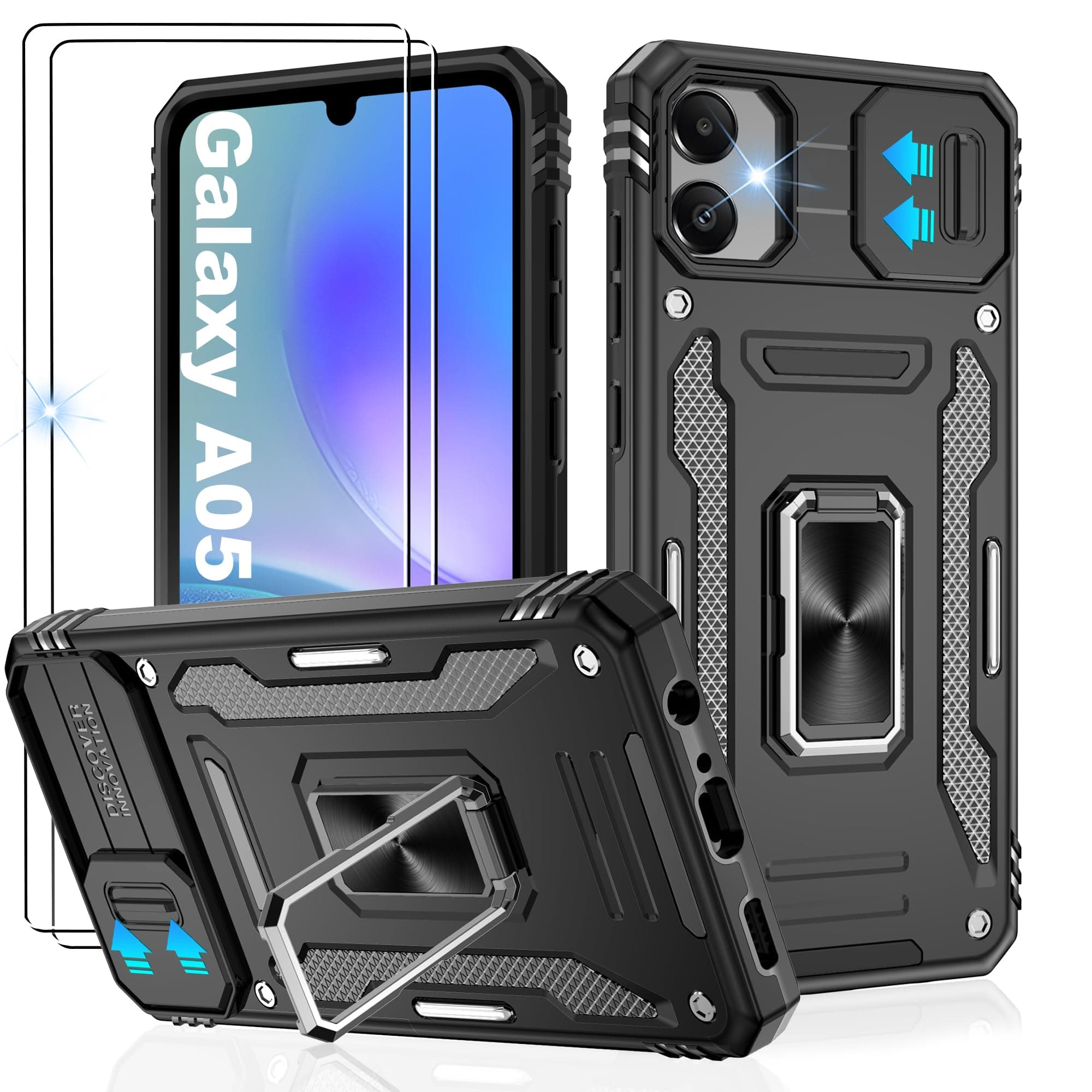 Gritup for Samsung Galaxy A05 Case with Slide Camera Cover | 2-Pack HD Screen Protectors | 360° Rotating Metal Kickstand | MIL-Grade Shockproof Protection (Military Standard) | Black