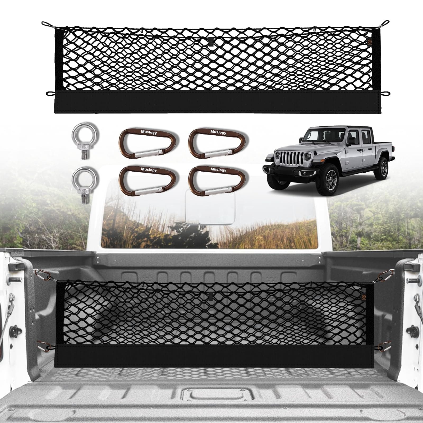 Muslogy Truck Bed Cargo Net Trunk Netting Compatible with Jeep Gladiator 2020-2025 2026 JT Accessories, Pickup Cargo Organizer SUV Sedan Storage Net w/Heavy Duty Carabiners