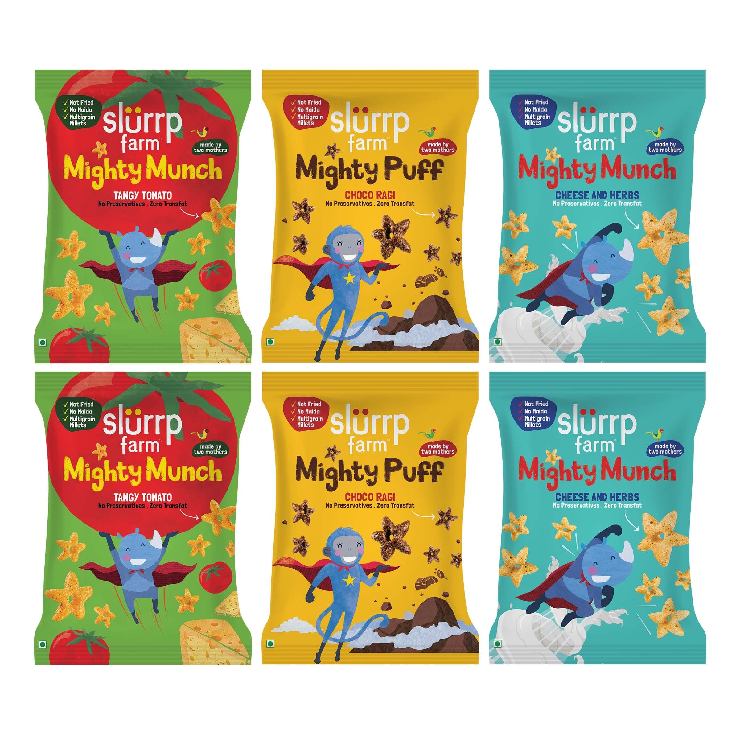 Slurrp Farm Mighty Puffs Choco Ragi, Tangy Tomato and Cheese & Herbs 20g, Pack of 2 each