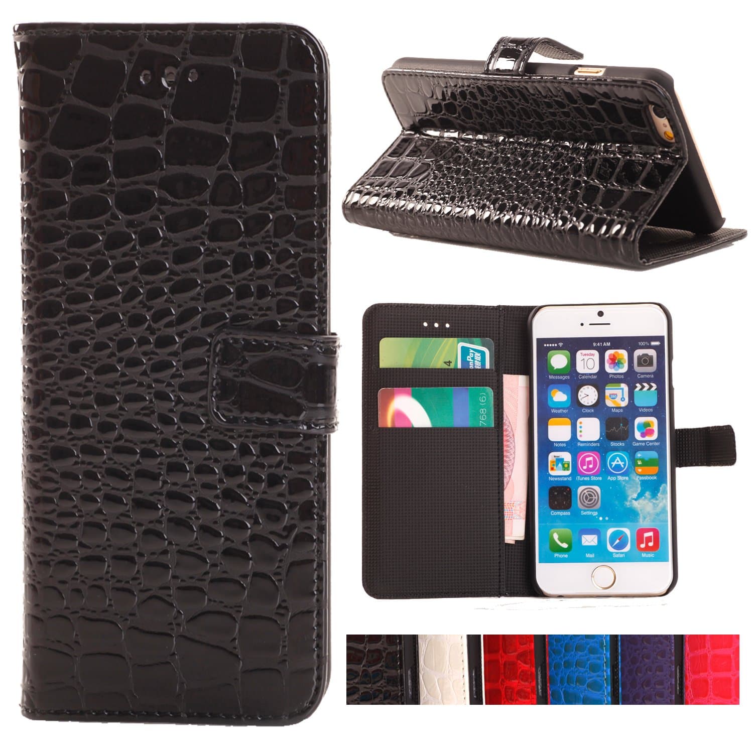 iPhone 6 Case, YESOO Crocodile Pattern PU Leather Wallet Folio Case (Black)