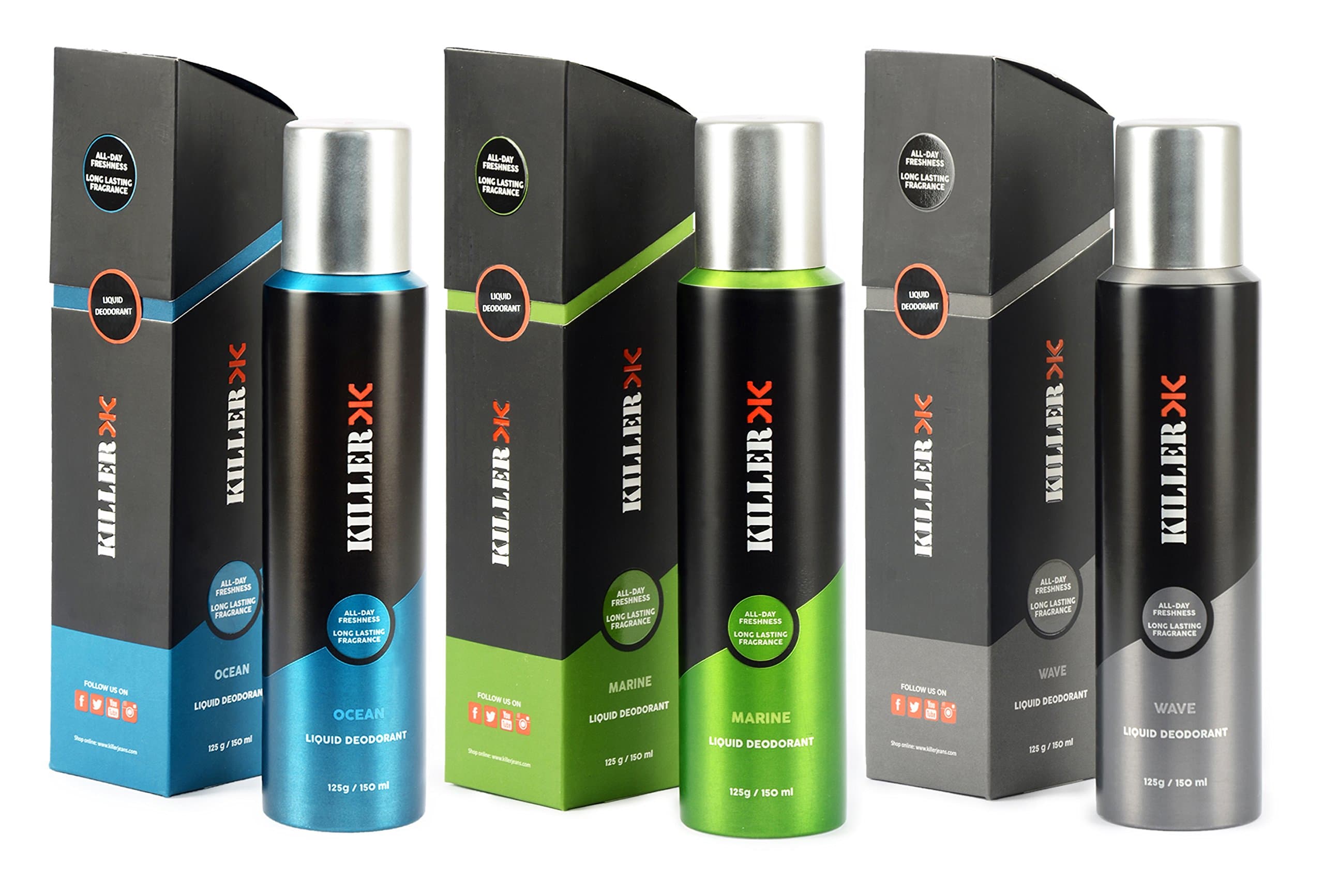 KILLER Ocean, Marine and Wave Deodorants for Men, 150 ml (Pack of 3)