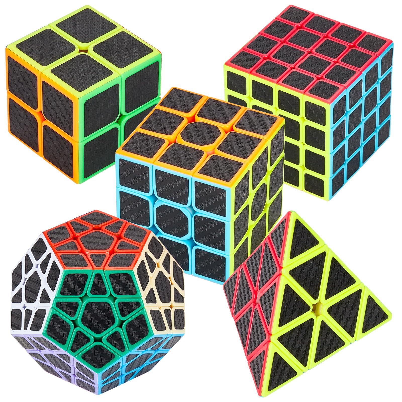 Speed Cube Set 5 Pack Magic Puzzle Cubes Pyraminx Pyramid + Megaminx + 2x2x2 + 3x3x3 + 4x4x4 Cube Toys with Carbon Fiber Sticker for Kids Adults