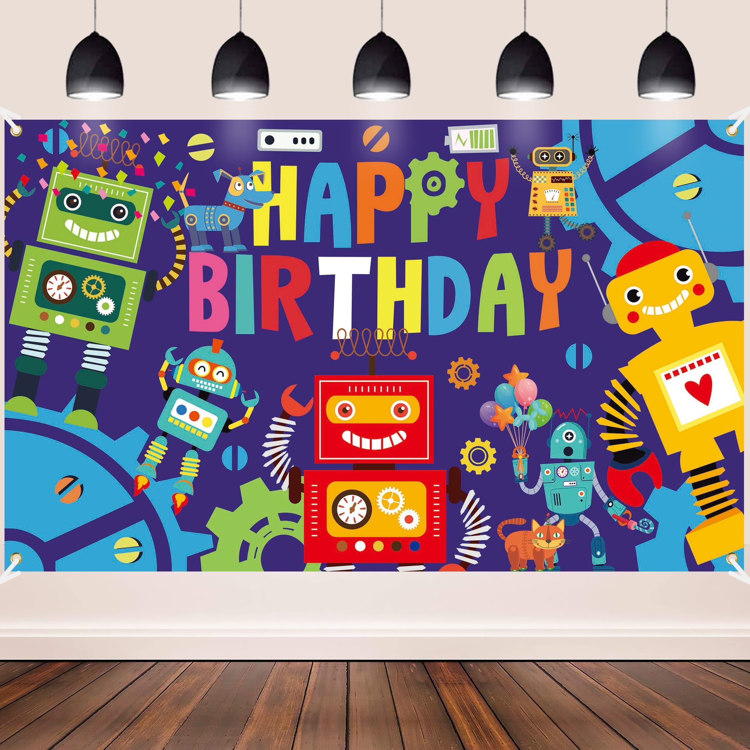 Robot Birthday Party Backdrop Happy Birthday Photography Backdrop 5.9x3.6ft Robot Photography Background for Gear Robot Birthday Party Decoration Supplies