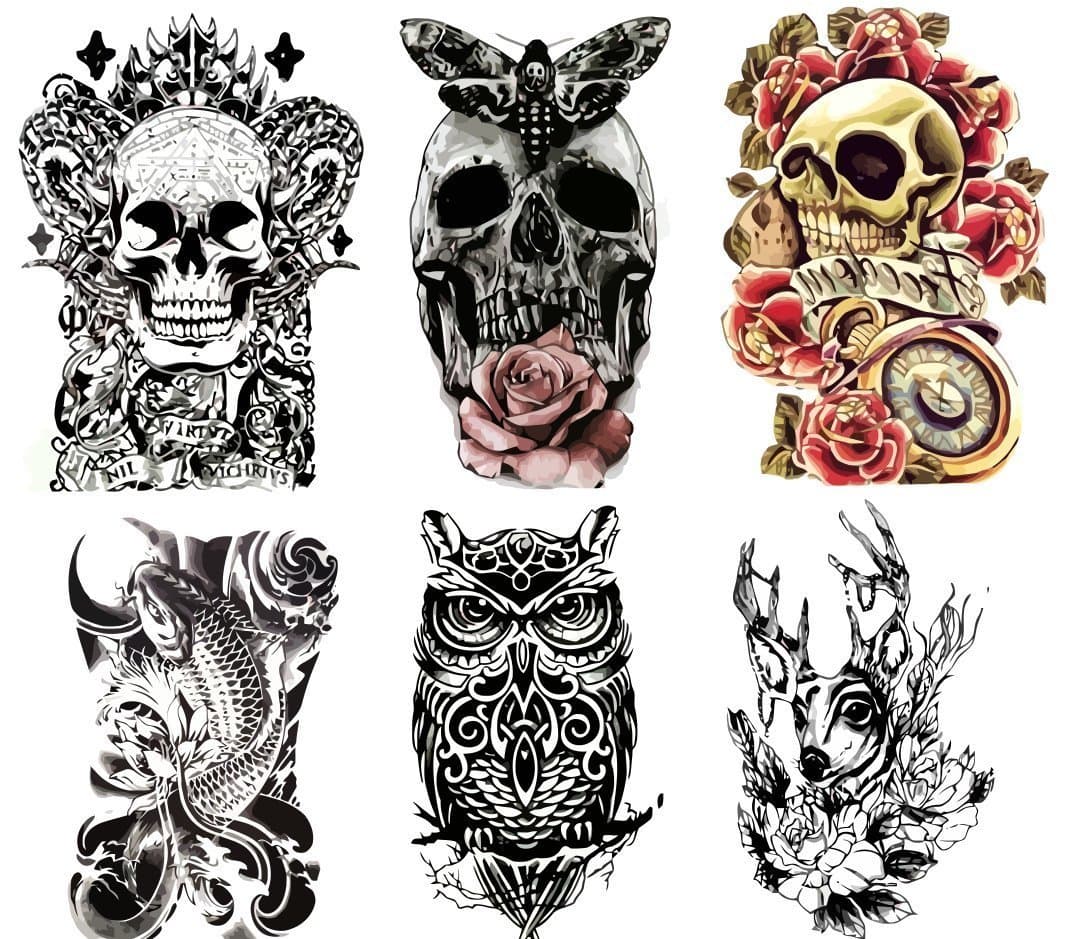Large Non-Toxic Temporary Tattoos | Set of 6 Fake Tattoos (Skull, Koi Fish, Owl, Rose, Butterfly & Deer) | 6” x 8” Removable Body Art Tattoos