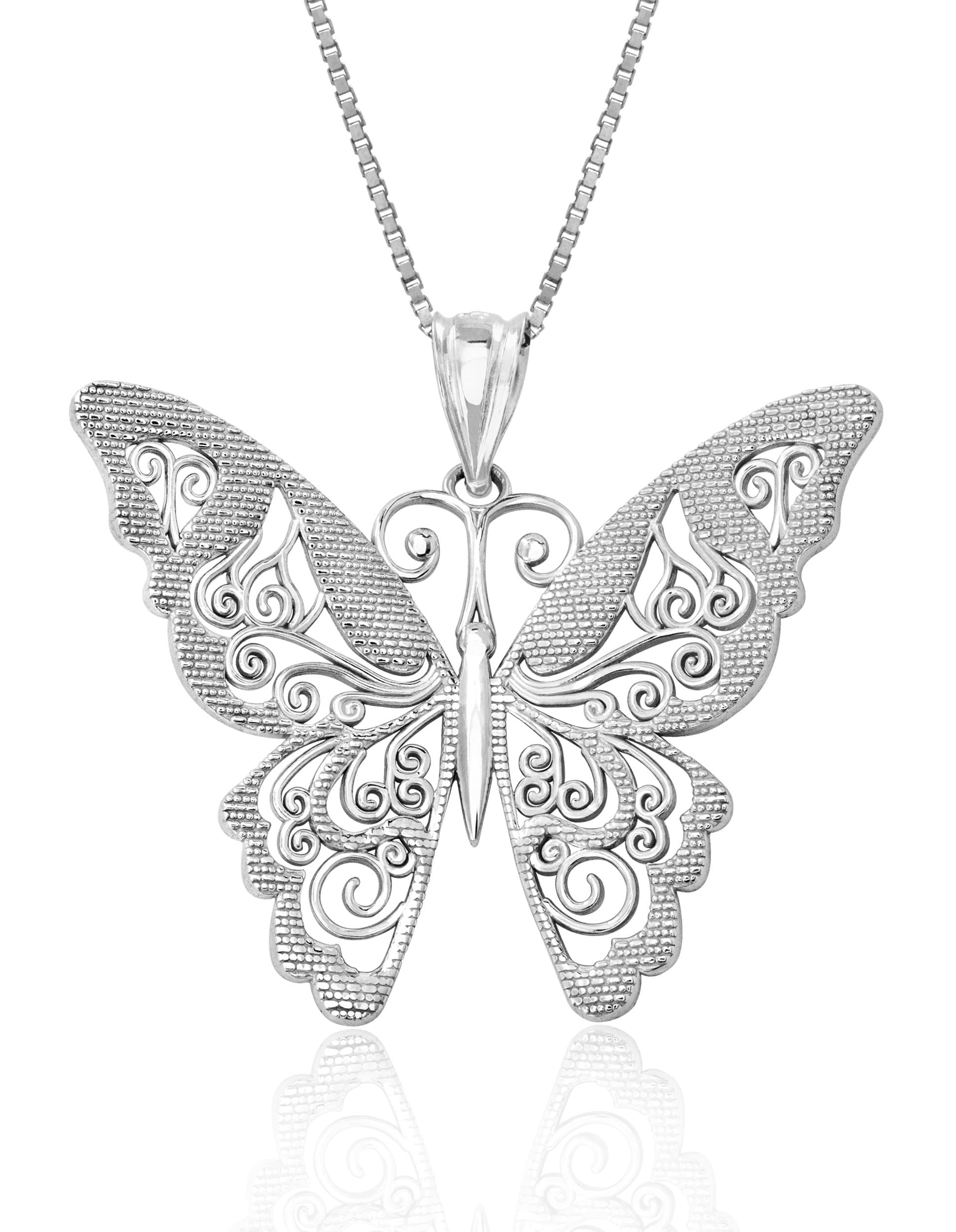 Sterling Silver Filigree Butterfly Necklace Pendant with 18" Box Chain