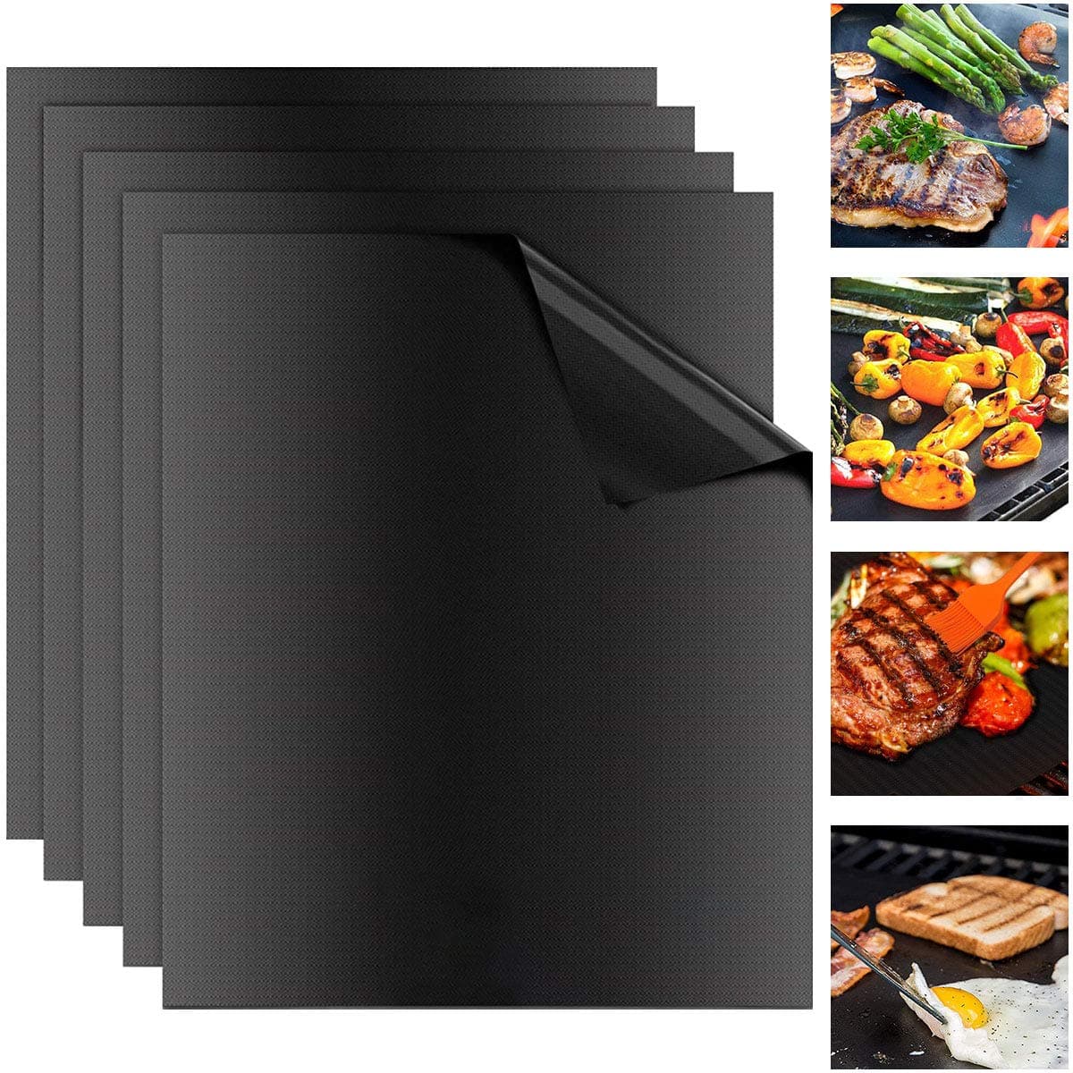 AUNEK BBQ Grill Mat, Set of 5 Non Stick Heat Resistant Barbecue Baking Mats Oven Liners, 40x33 cm Heavy Duty Easy to Clean Reusable Cooking Grilling Sheets for Gas, Electric and Charcoal Grill Oven