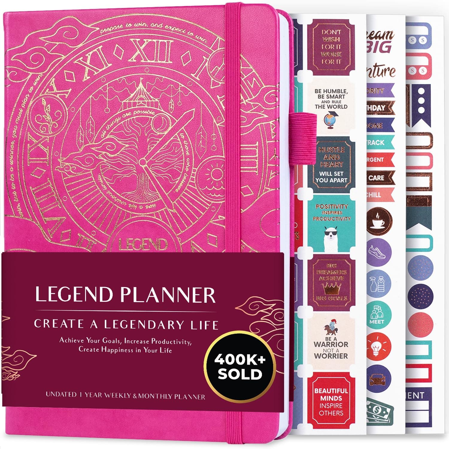 Legend Planner - Deluxe Weekly & Monthly Life Planner to Hit Your Goals & Live Happier. Organizer Notebook & Productivity Journal. A5 Hardcover, Undated - Start Any Time + Stickers - Hot Pink Gold