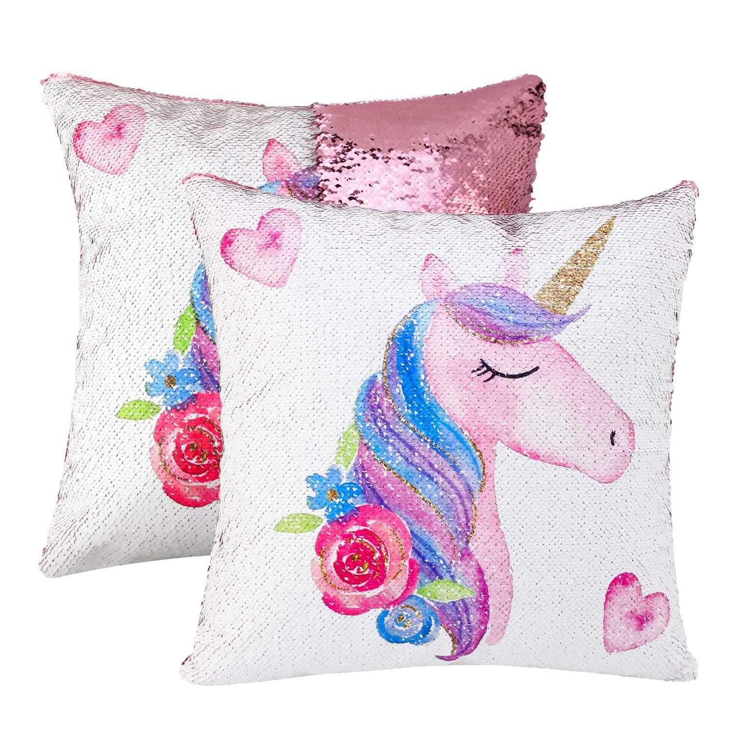 cygnus Unicorn Mermaid Sequin Pillow Cover for Reversible Bedroom Decor Gifts for Girls or Boys 16"x16" (Unicorn E-Pink Sequin)