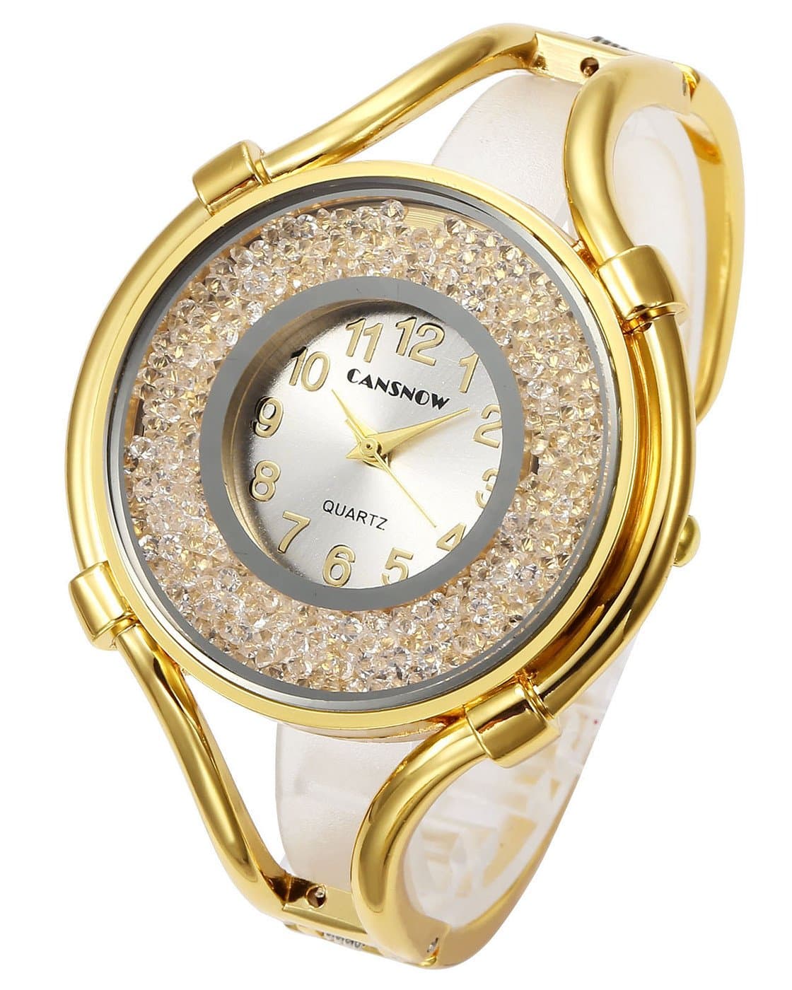 Top Plaza Women Ladies Casual Luxury Gold Silver Rose Gold Tone Alloy Analog Quartz Bracelet Watch Big Face Small Dial Rhinestones Decorated Elegant Dress Bangle Cuff Wristwatch