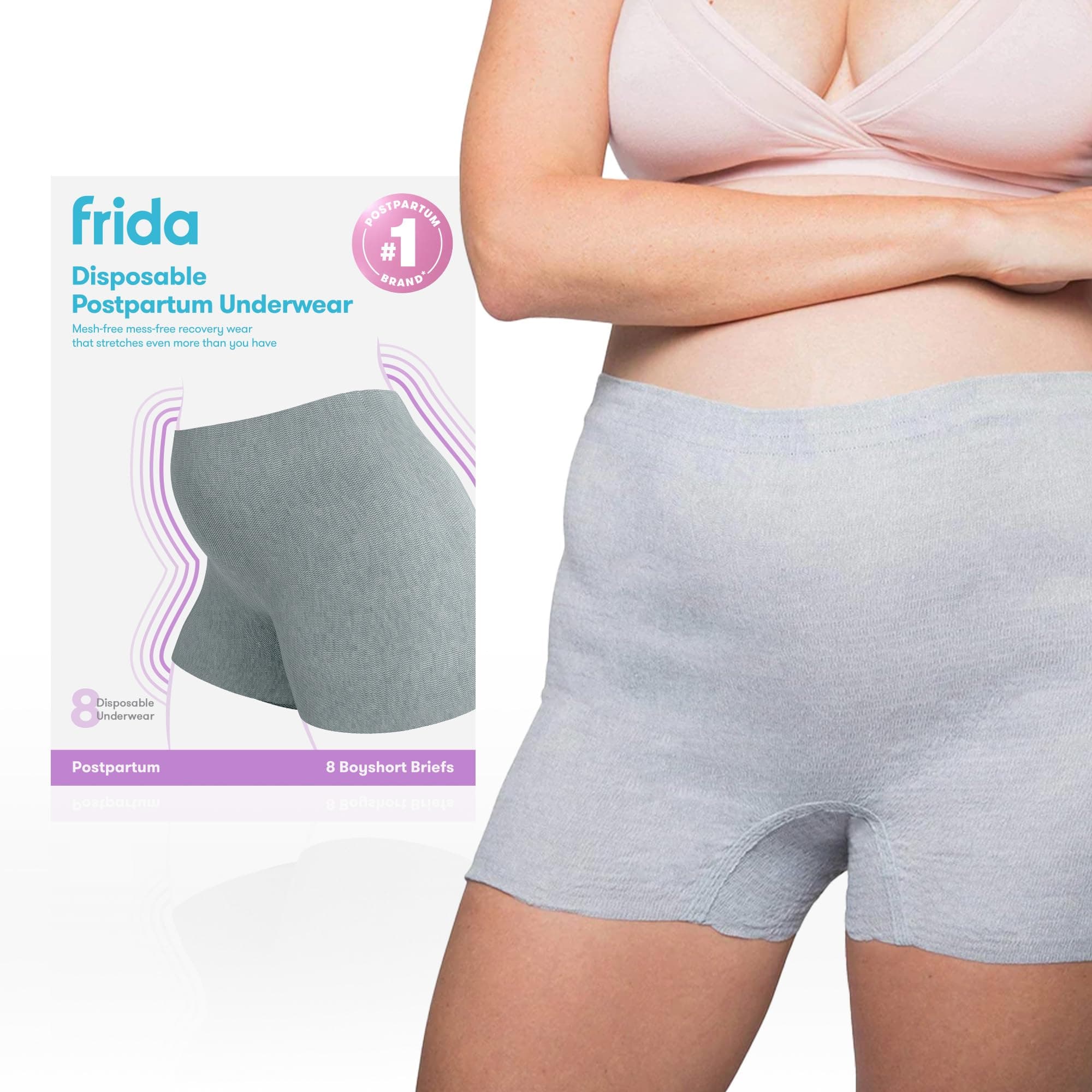 Frida Mom 8pc Postpartum Underwear, Disposable Boyshort Panties, Seamless, Stretch Support, New Mom Essentials, Size M/L (28in-42in)