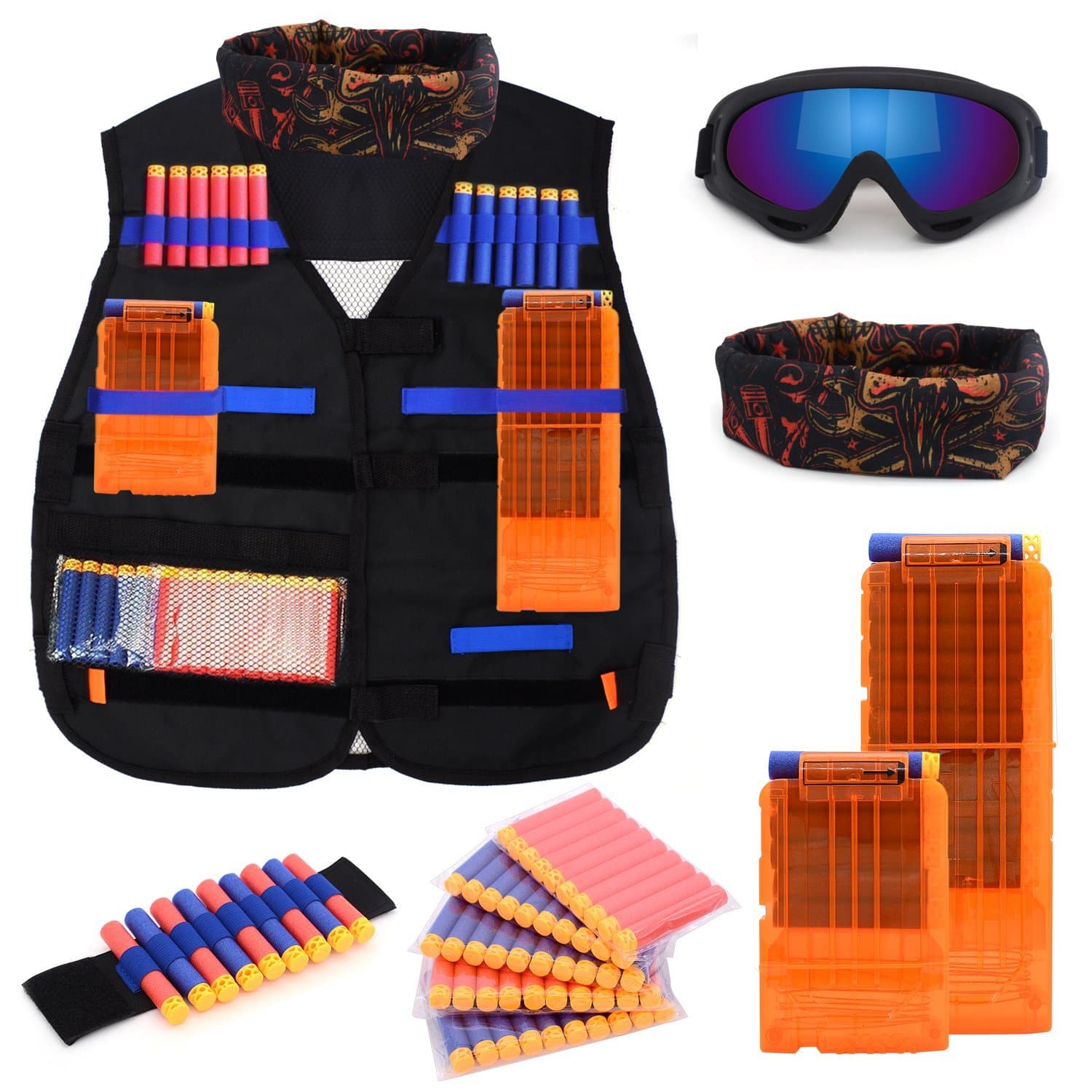Kids Tactical Vest Kit for Nerf Guns, N-strike Elite Series with 50 Bullets Refill Darts + 2 Reload Bullet Clips + Face Tube Mask + Protective Glasses + hand wrist band