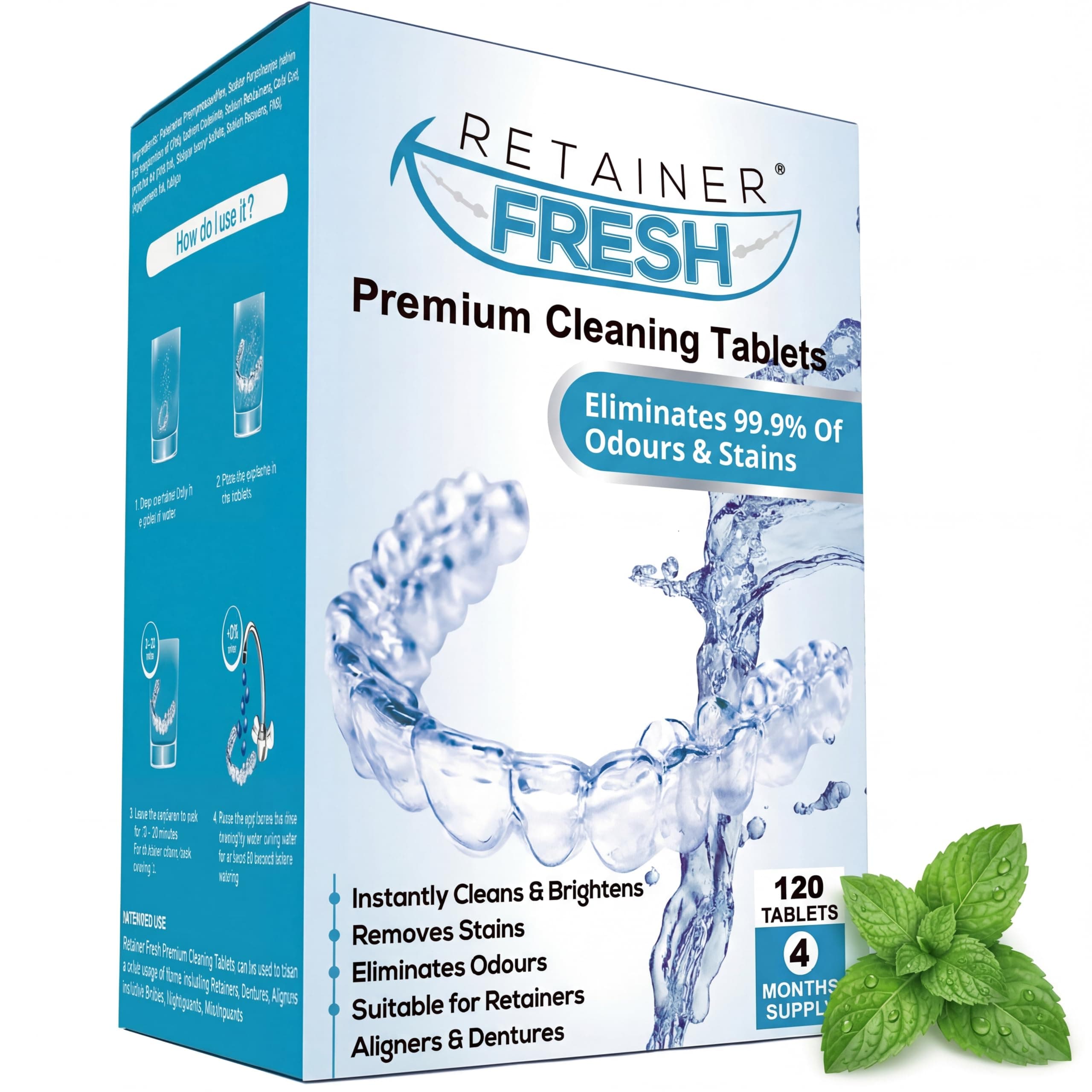 Retainer Cleaner Tablets - Retainer Cleaning, Mouthguard Cleaner, Denture Cleaning, Aligner Cleaner, Brite Retainer Tablets - 120 Tablets 4 Month