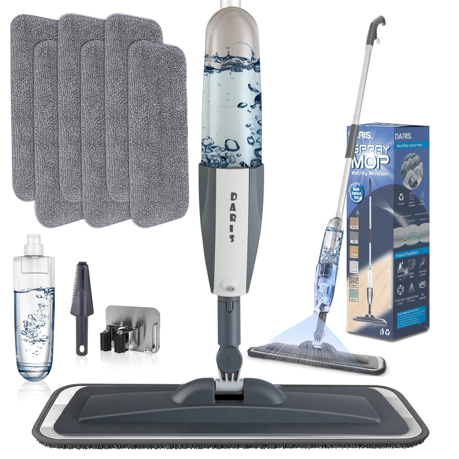 Floor Mop Cleaning Wet Spray Mop with 6 Washable Microfiber Pads 1 Scraper 1 Holder,Wood Floor for Home or Commercial Dry Wet Use Flat Mops for Wall,Hardwood,Vinyl,Laminate,Ceramic,Tile