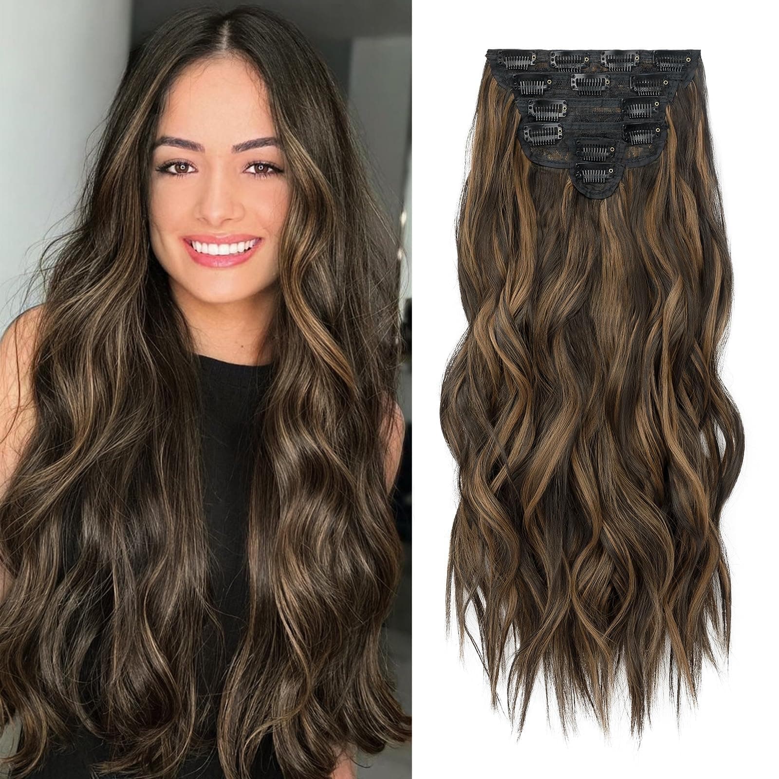 Clip in Hair Extensions for Women Black with Caramel Highlights Long Wavy Hair Extensions Clip Ins 6PCS 20 Inch Synthetic Soft and Natural Thick Hair Pieces for Women