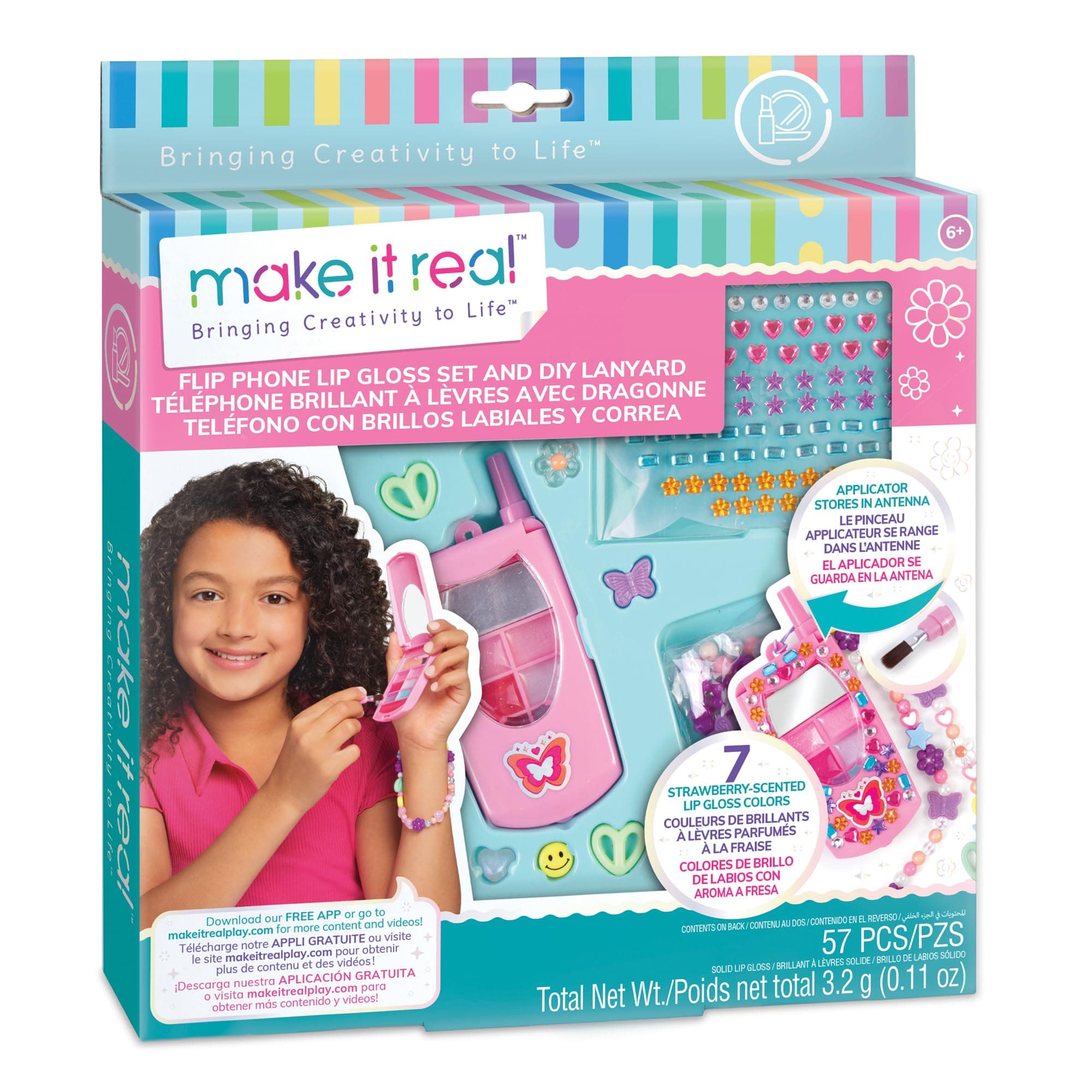 3C4G Make It Real Flip Phone Lip Gloss Set & DIY Lanyard - 7 Strawberry-Scented Lip Gloss Colors - Decorate with Gems & Stickers - Fun Makeup Kit for Girls for Kids Ages 6+