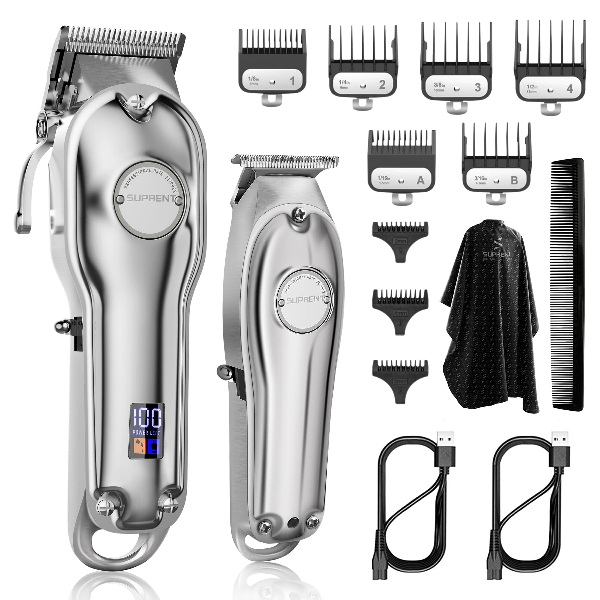 – SUPRENT® Professional Hair Clippers for Men, Hair Cutting Kit & Zero Gap T-Blade Trimmer Combo, Cordless Barber Clipper Set with LED Display for Mens Gifts (Silver)