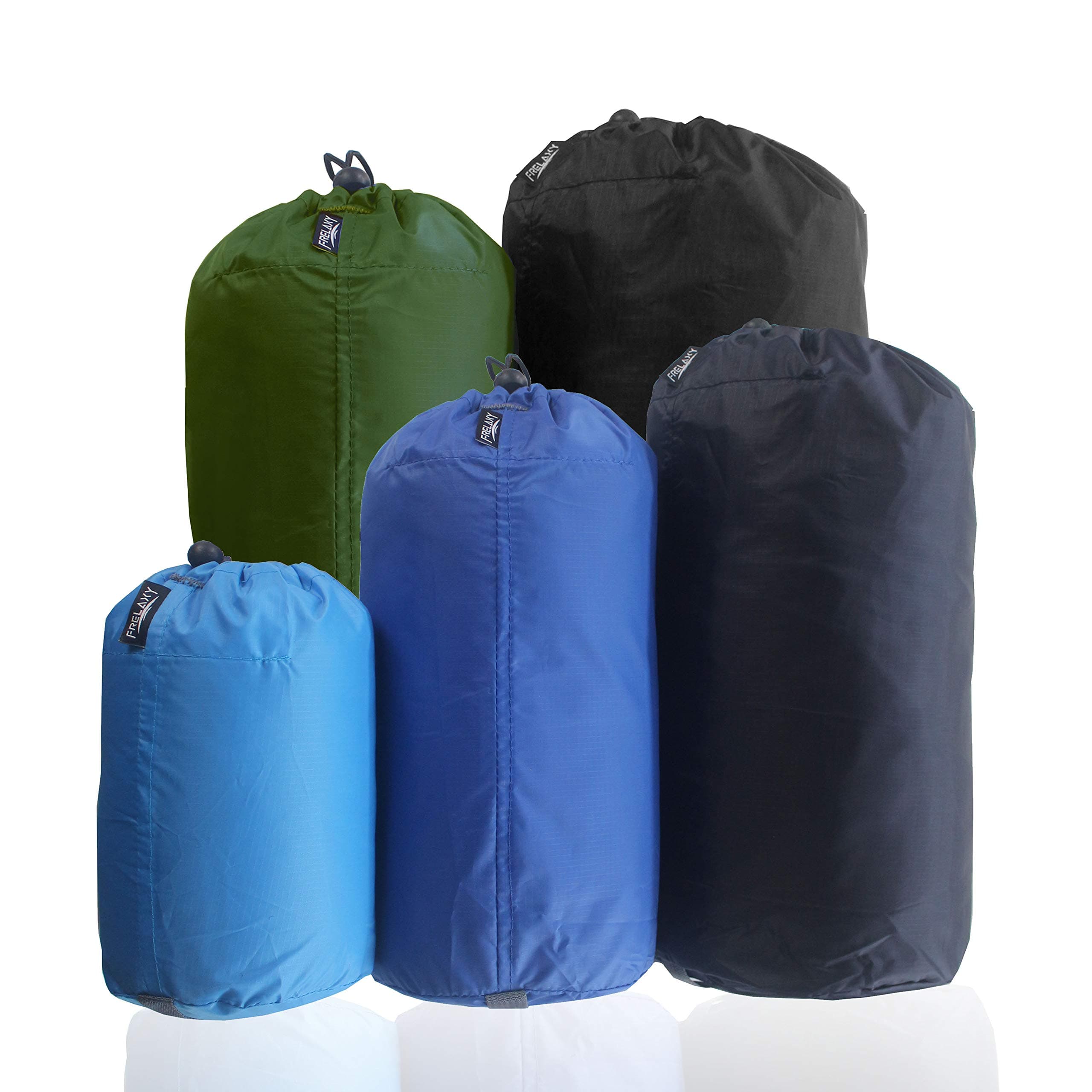 Stuff Sack Set 5-Pack (3L&5L&9L&15L&20L), Ultralight Ditty Bags with Dust Flap for Traveling Hiking Backpacking (Sky Blue&Blue&Navy&Army Green&Black)