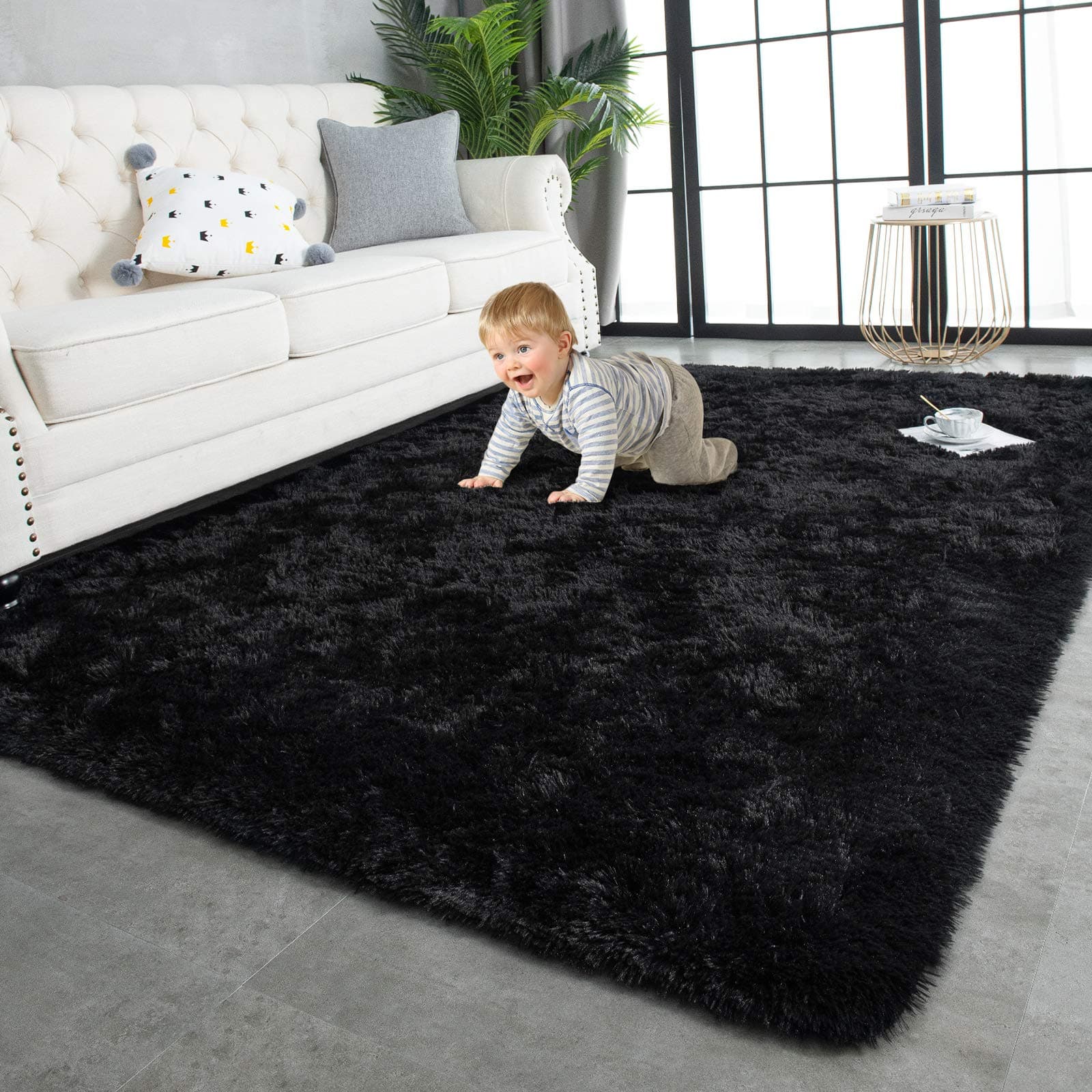 Super Soft Shaggy Rugs Fluffy Carpets, 5x8 Feet, Indoor Modern Plush Area Rugs for Living Room Bedroom Kids Room Nursery Home Decor, Upgrade Anti-Skid Rectangular Fuzzy Rug, Black